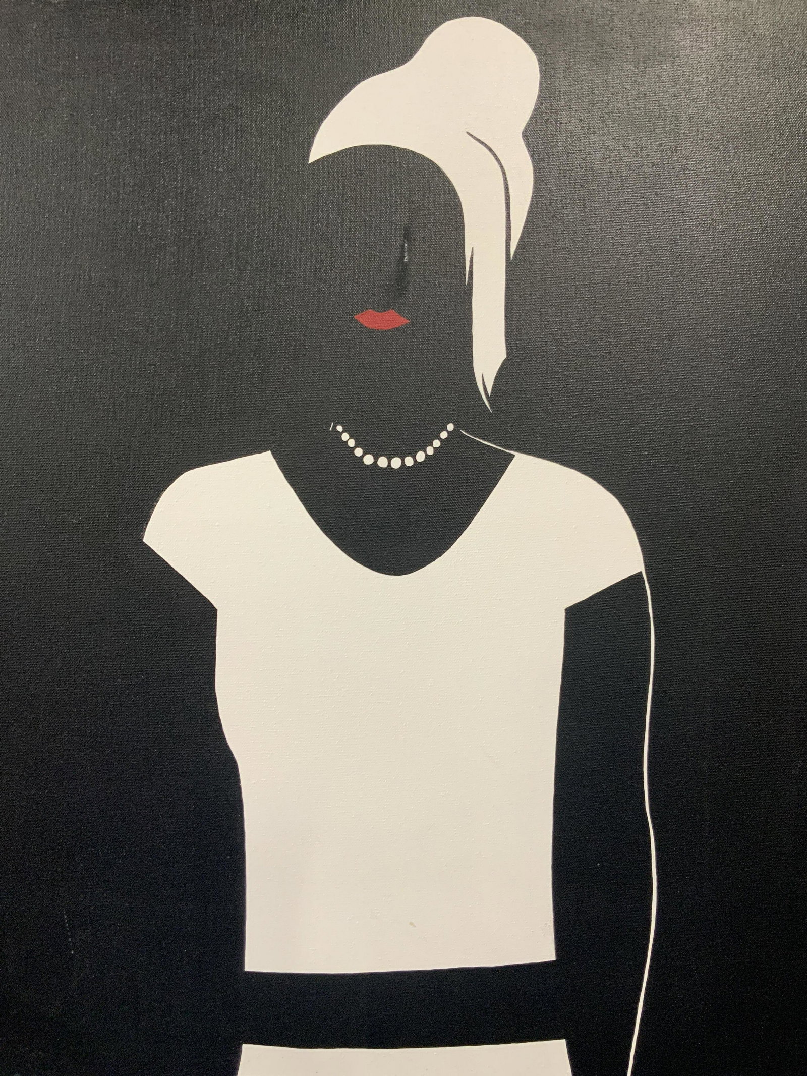 Reverse Silhouette Female Figure Acrylic Painting: A acrylic painting on canvas, painted black and white depicting the figure of a woman with red lips. Approximately 28 x 22 inches. Minor scratches to canvas, Female figure painting, figure painting, b