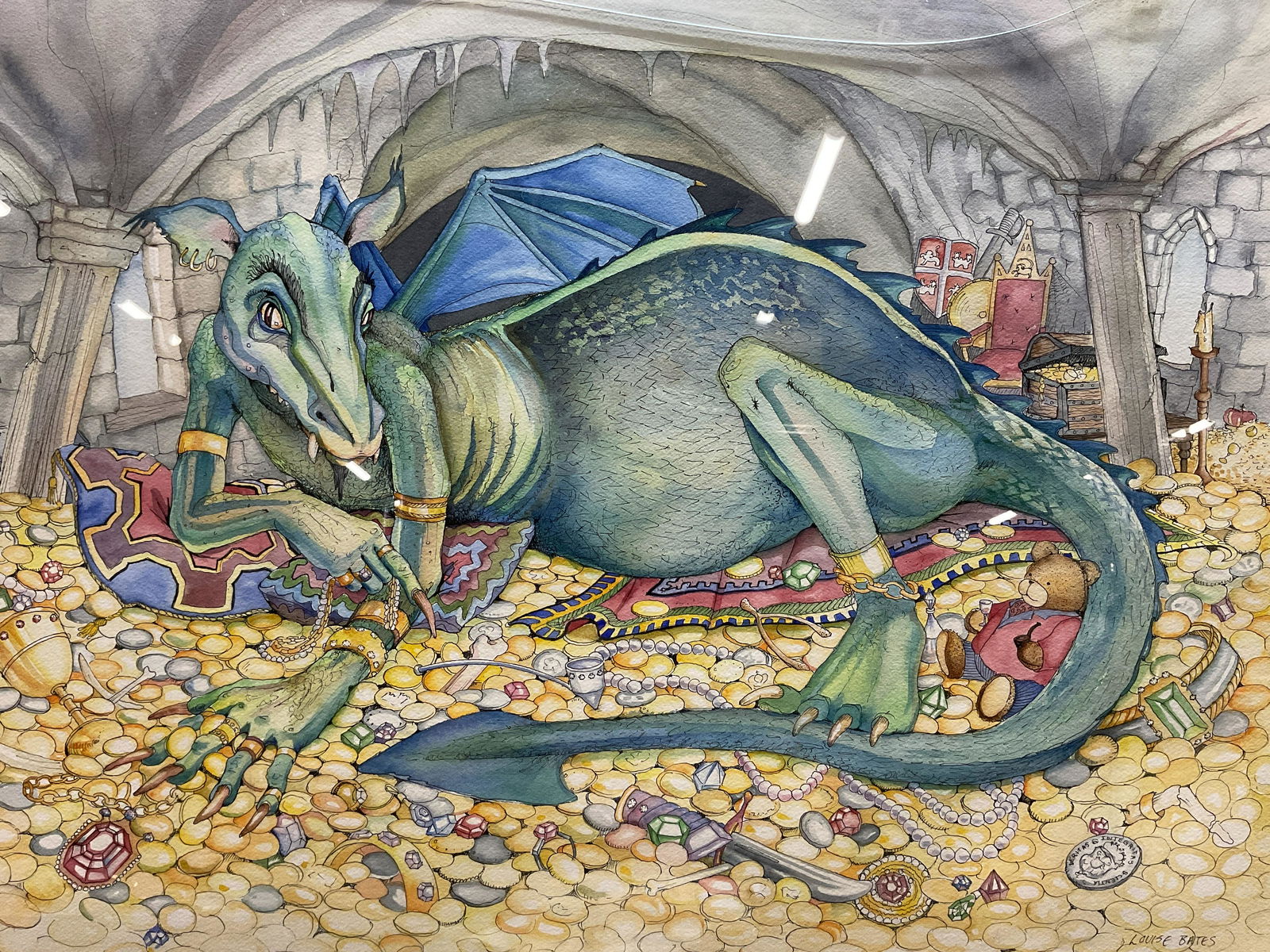 LOUISE BATES Signed Watercolor Painting: LOUISE BATES Signed Watercolor Painting, signature to lower right reads ‘Louise Bates’, label to reverse reads ‘Madison Art & Frame’, subject a winged dragons resting atop a pile of gold and t