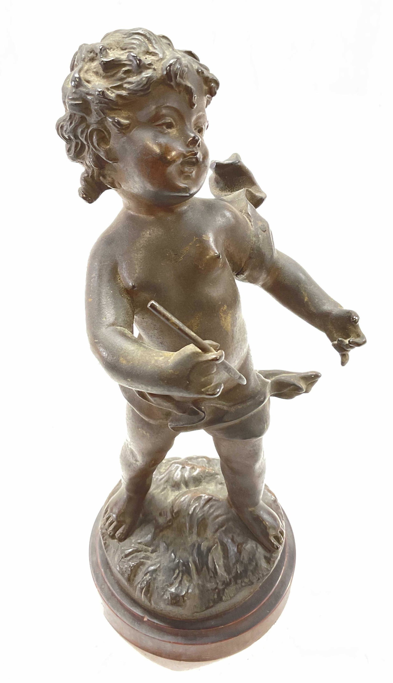 Signed ROUSSEAU Antique Bronze Sculpture of Child: Signed ROUSSEAU antique bronze sculpture of child. Surface wear to piece consistent with age and use. Measures approx 9 x 3.5 inches. Bronze Sculpture, bronze art, bronze child, home decor & accessori