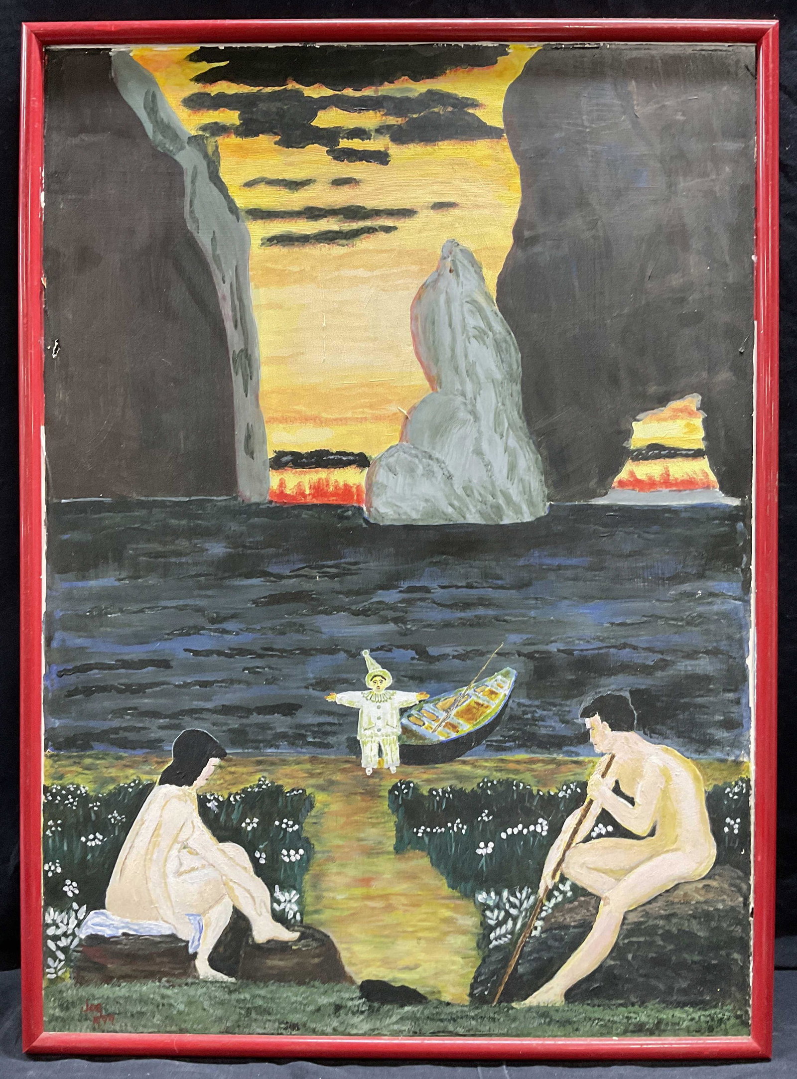 JOB Signed Oil Painting of islanders: JOB Signed Oil Painting of islanders, signature to lower left reads ‘JOB 11/99’, subject two nude figures seated on an island as a harlequin arrives, measures 32 1/8 x 23 3/8 inches, red wooden fr