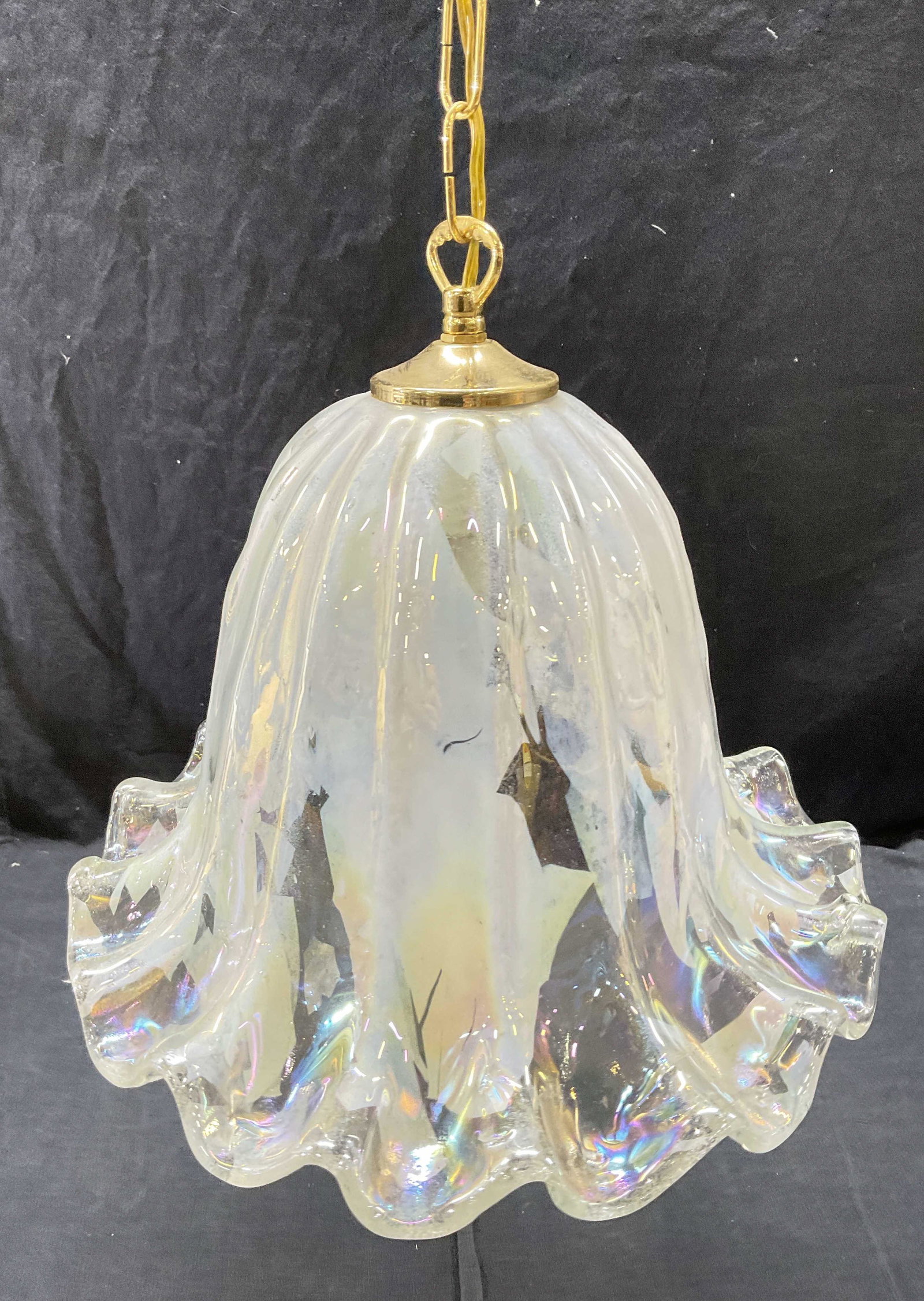 Pearlescent Handkerchief Ceiling Light Fixture: Pearlescent Handkerchief Ceiling Light Fixture. Not tested for functionality. Base measures 10H x 12W inches. Surface wear to piece consistent with age and use of piece. Chain measures approx 19 inche