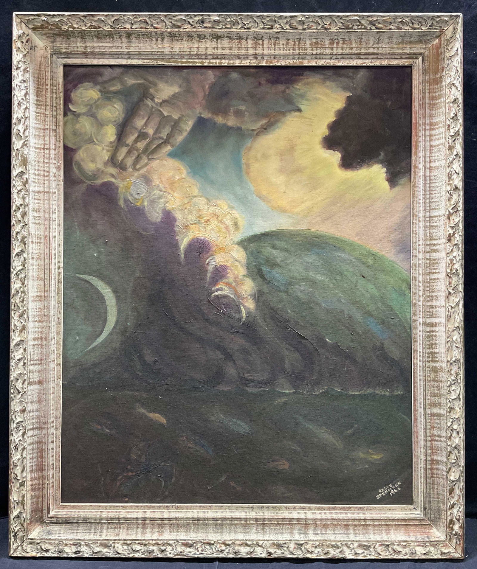 SALLY SPENCINER Signed Oil Painting 1966: SALLY SPENCINER Signed Oil on canvas board Painting 1966, signature to lower right reads ‘Sally SPENCINER 1966’, subject a hand reaching out of the clouds, measures 35 x 29 1/8 inches, wooden fram
