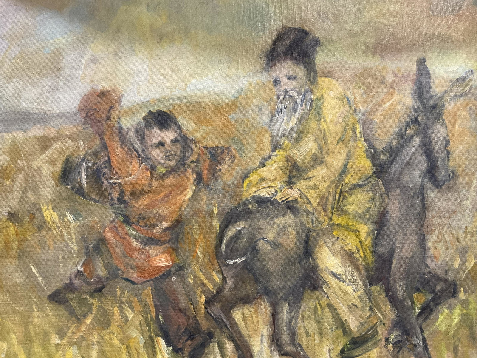 Signed Oil Painting of Two Figures & a Donkey: Signed Oil On canvas board Painting of Two Figures & a Donkey, signature to lower right illegible, date reads 62’, subject an old man on a donkey being chased by a young boy, measures 25 1/8 x 29 1/