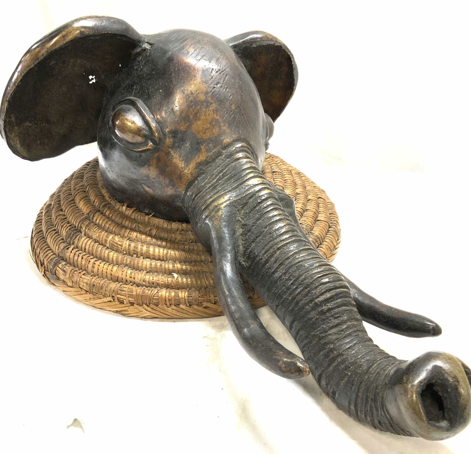 Cast Brass Elephant Head on Wicker Base (1 of 9)