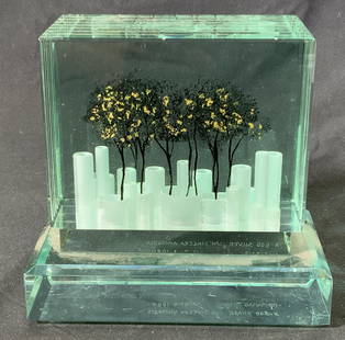 LUCIANO VISTOSI Murano Glass Sculpture 1986: Signed Luciano VISTOSI MURANO Art glass sculpture. Signature with dedication etched to verso. Abstract cylindrical shapes and trees with gold leaf. Measures approx. 5 3/8/x 2 7/8 x 5 inches. Surface w