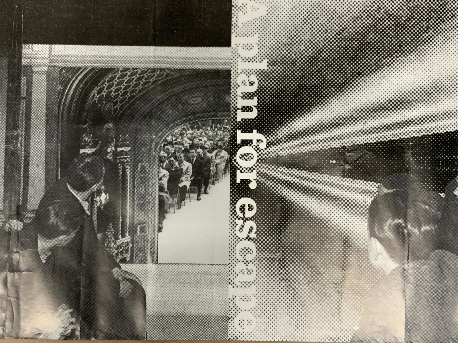Lot 3 Black & White Surrealist Exhibition Posters: 3 vintage black and white surrealist exhibit posters. 1 poster that reads A plan for escape going vertically down the power with horizontal subjects of men looking outward towards crowds of people. Ap