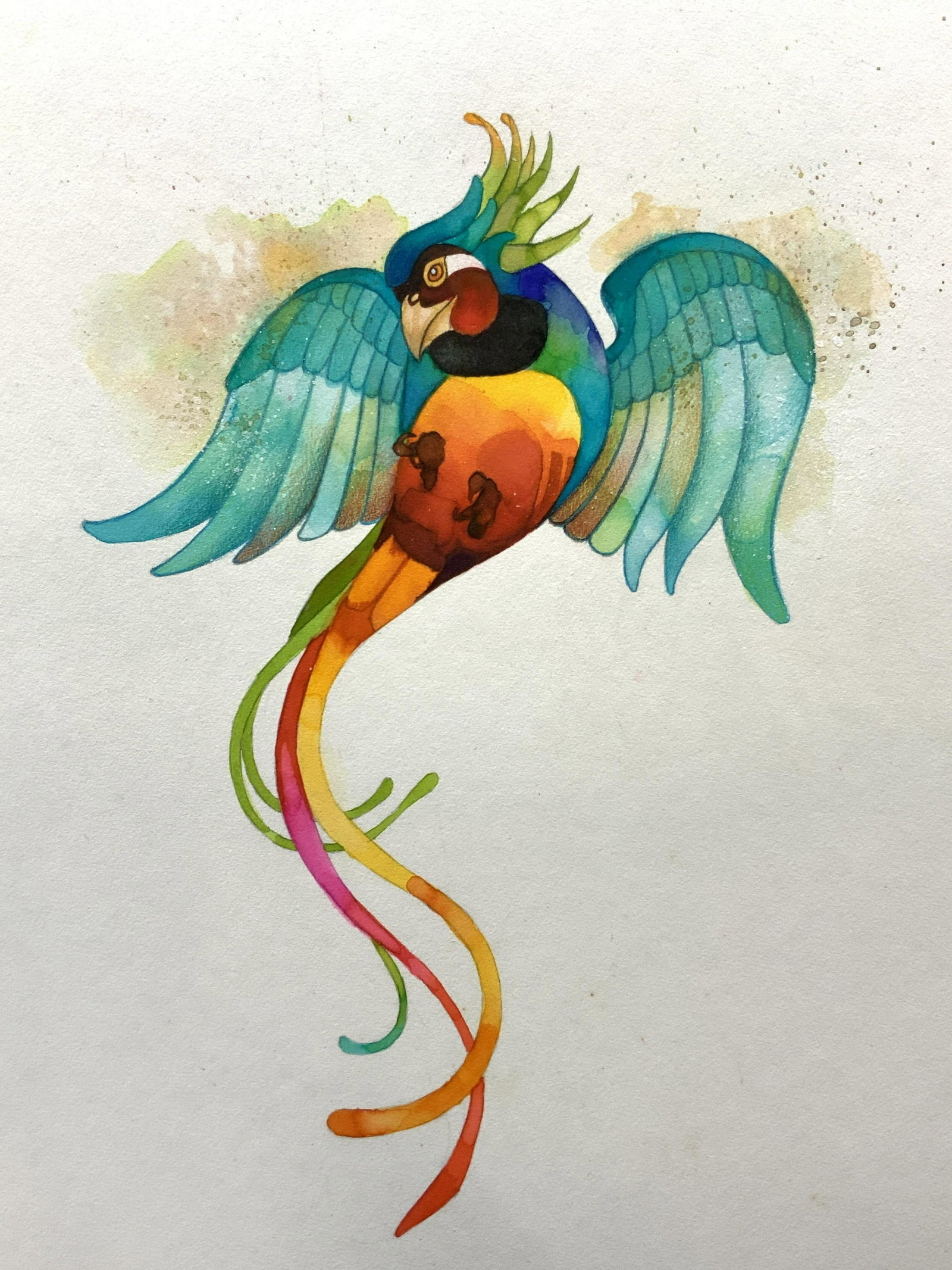 Tropical Bird Water Color Painting: White water color mat board, subject depicts a brightly painted tropical bird in a flying position with pink, yellow, orange and green toned tail feathers with splatter of paint behind the wings. Boar