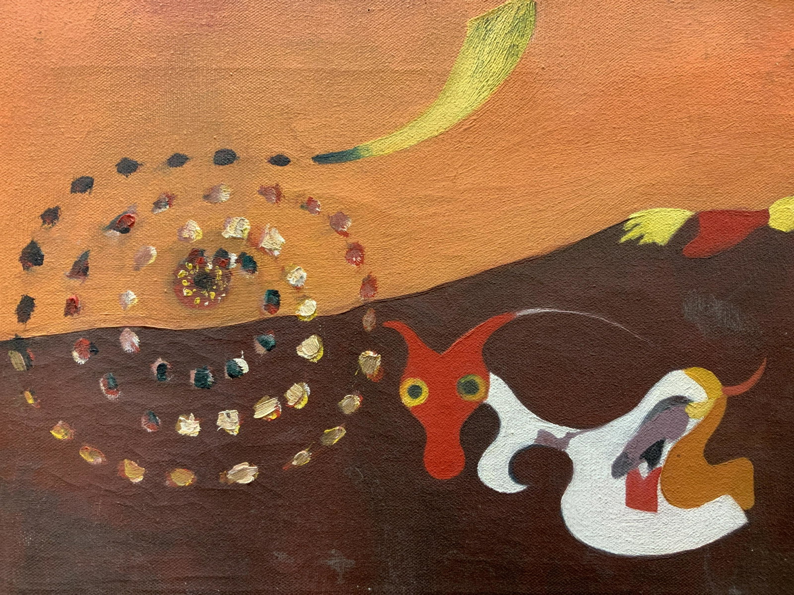 Signed Stretch Canvas The Hare Replicaiton: A signed stretched canvas acrylic painting replicating The Hare by Joan Miro, depicting an abstract hare within a desert landscape. Approximately 16 x 12 inches. Signed on backside, Laurie Y. Wooden f