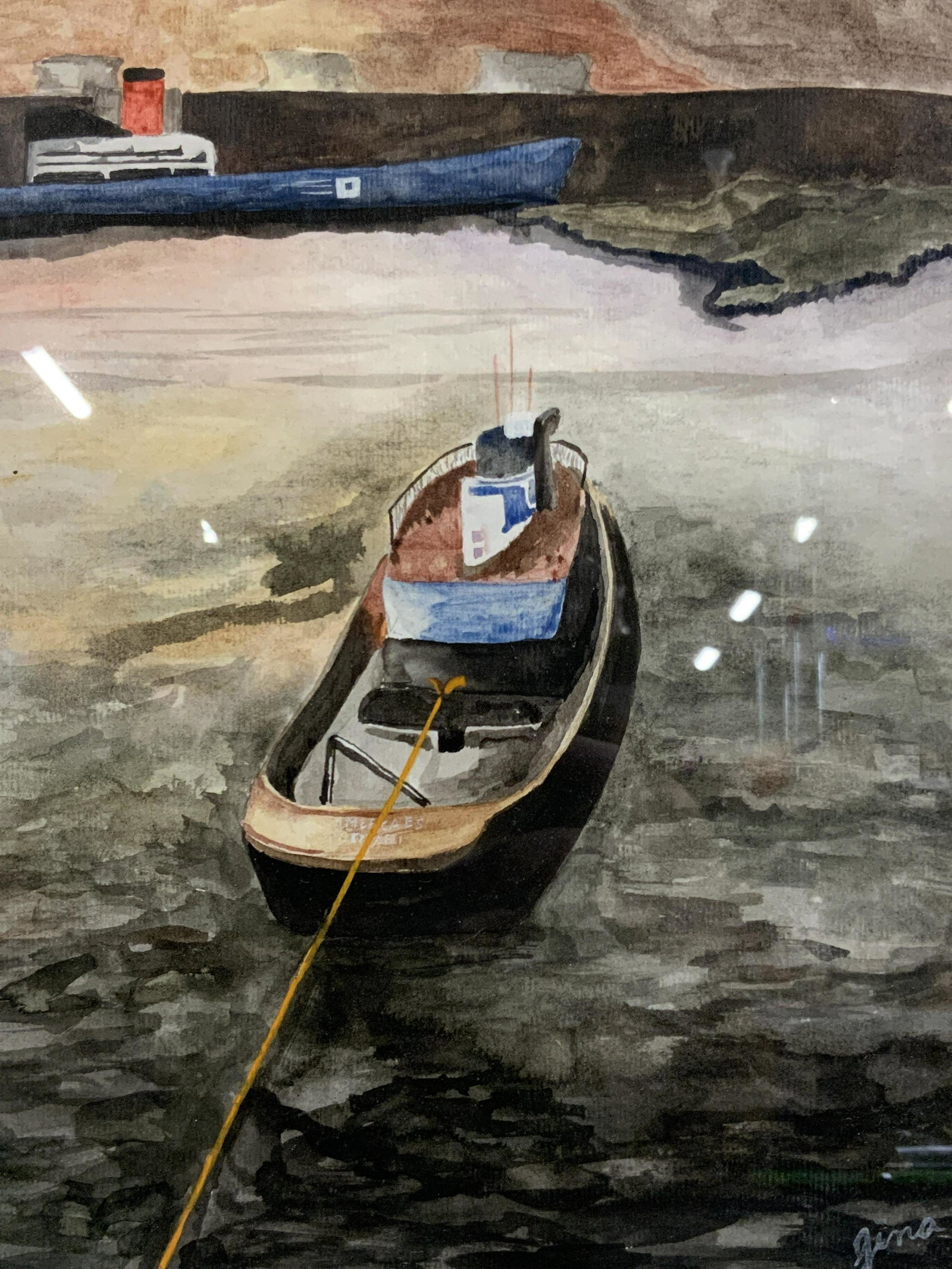 Signed Gina Watercolor Boat Painting: Signed on right corner, possibly reads Gina. Painting depicts a tug boat with on the ocean, with a shipping boat in the background. Measures 14.5 x 11.5, window measures 9.5 x 7.5 inches. Black painte