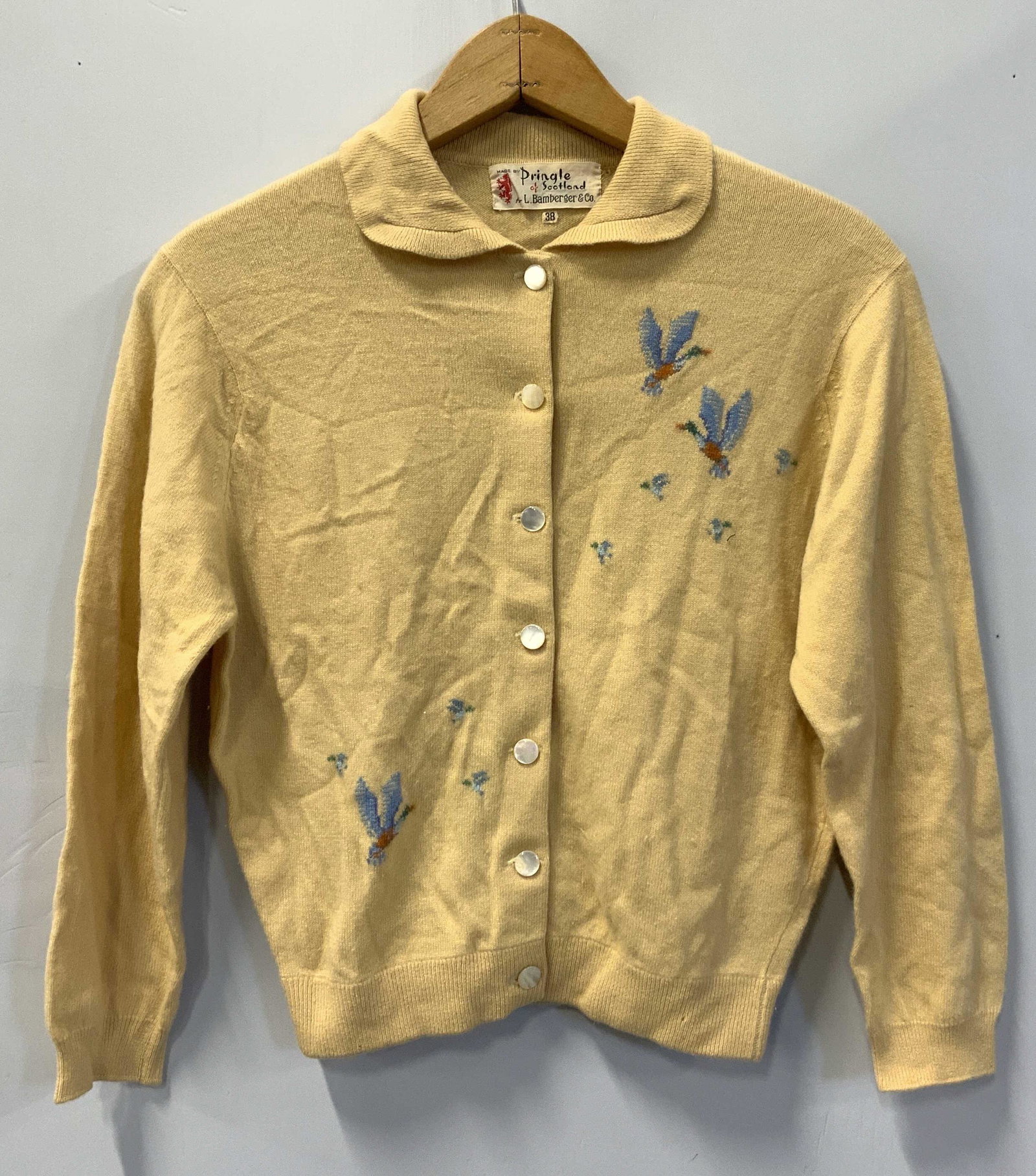 PRINGLE OF SCOTLAND Cashmere Cardigan, SCOT: Made in scotland, designer label attached reads INTARSIA BY PRINGLE INLAID BY HAND, PRINGLE OF SCOTLAND for L. BAMBERGER & CO. Vintage ladies cashmere button down cardigan in muted saffron yellow with
