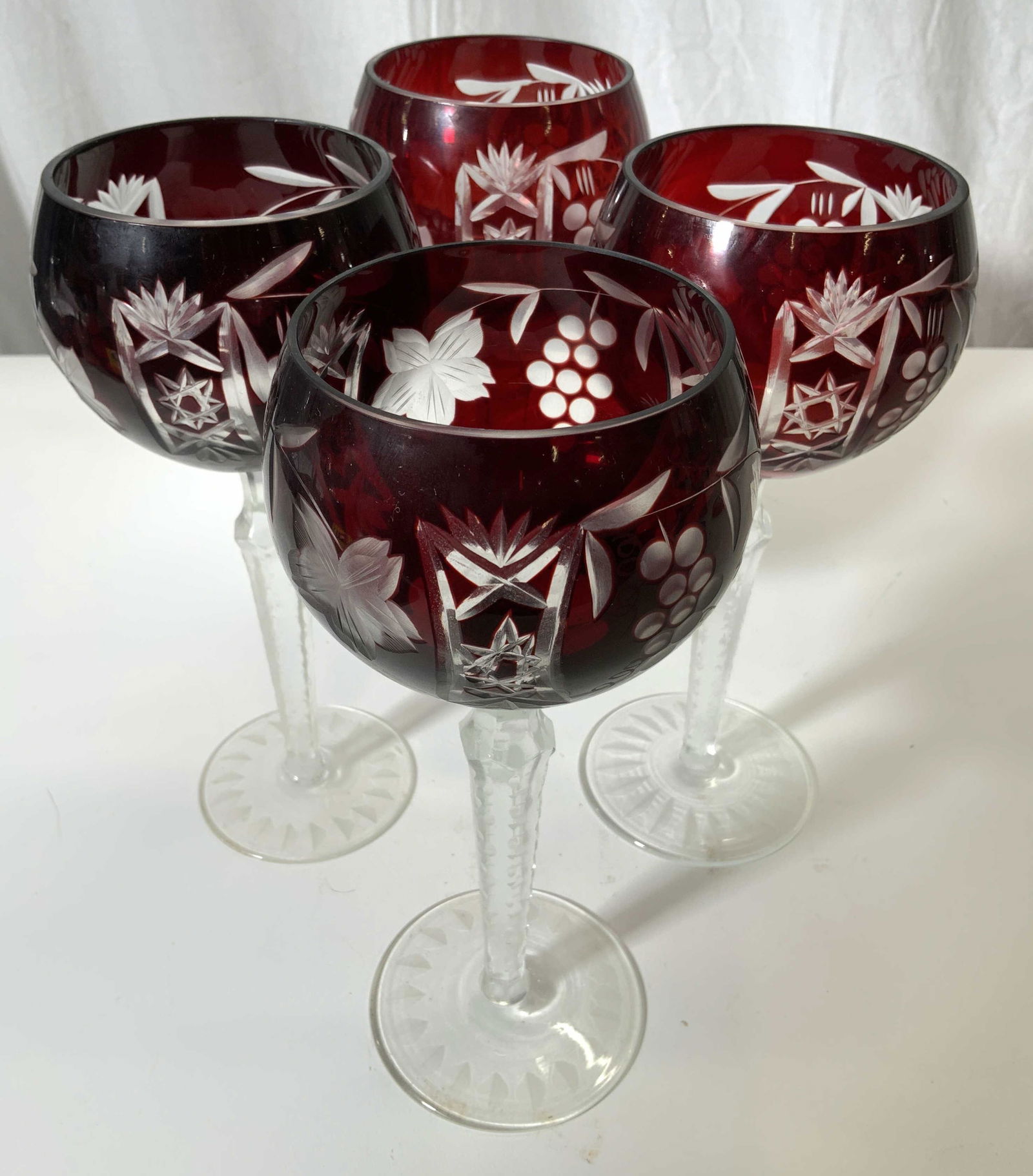 Set 4 Bohemian Cranberry Glass Crystal Stemware (1 of 7)