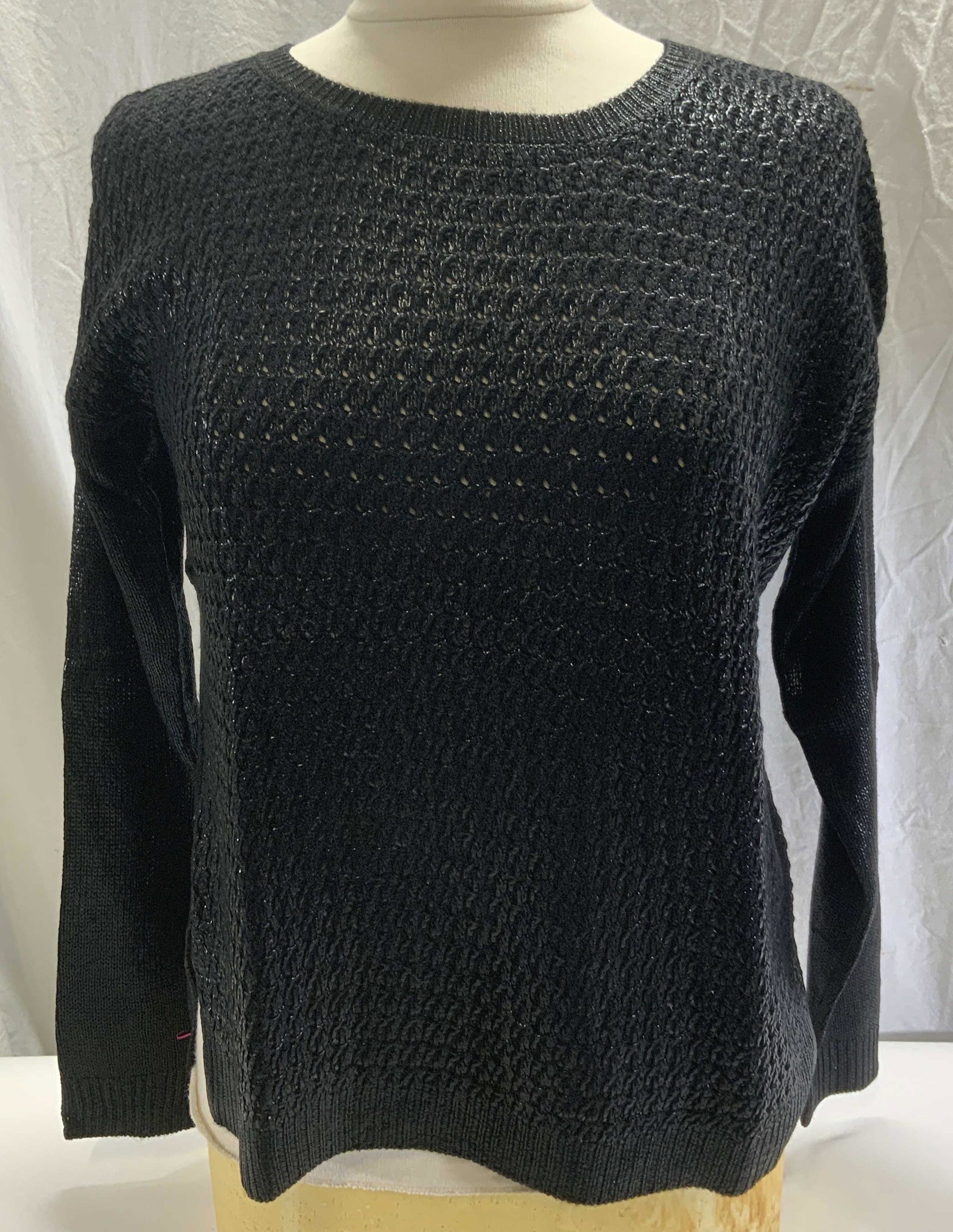WILLOW CLAY Black Open Knit Shimmer Sweater: Willow Clay black open knit shiny coated sweater. Designer label removed, marked on material tag. Size S. 100% viscose. Very gently worn. Willow clay, willow clay top, ladies designer top, ladies desi