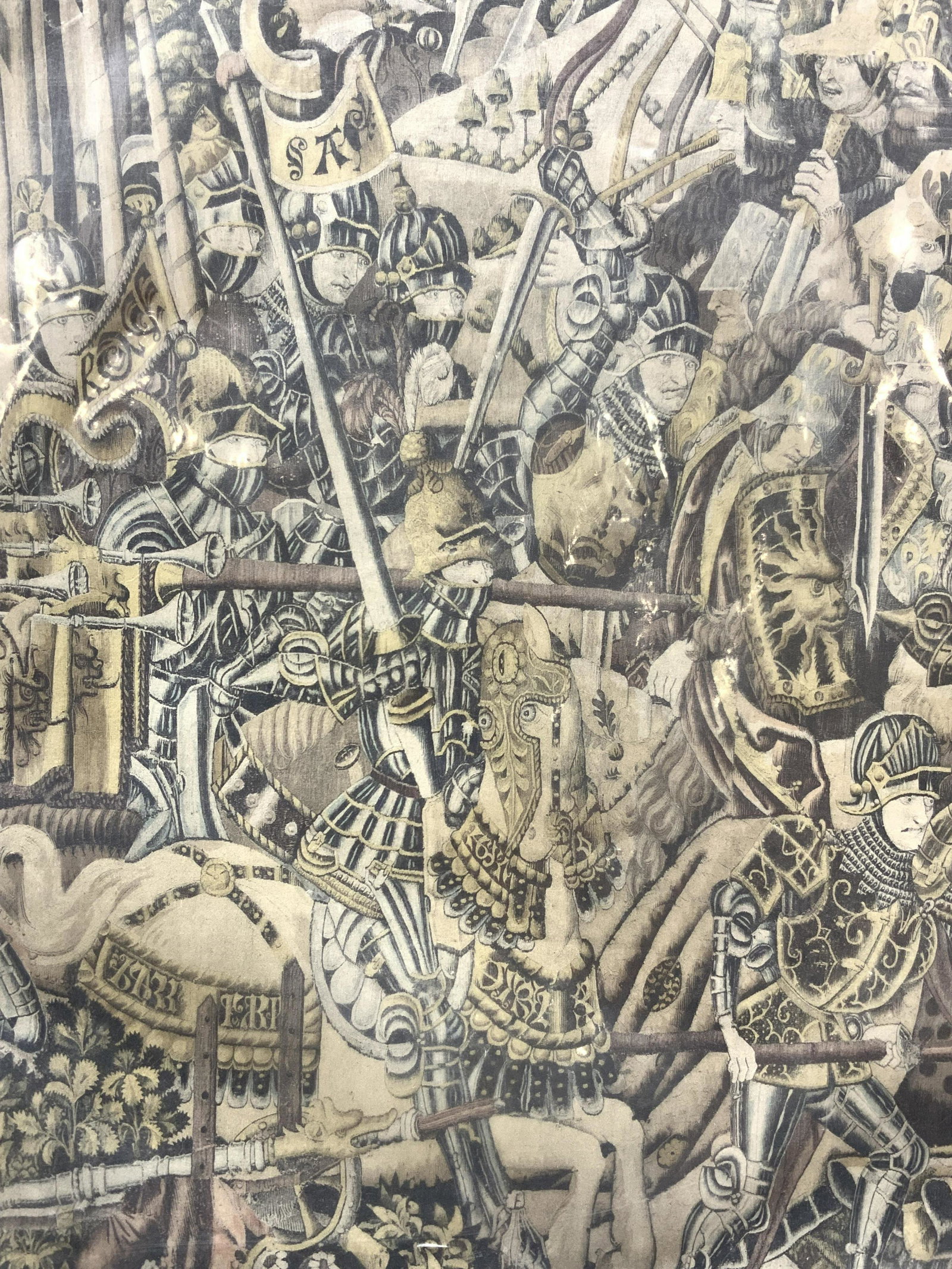 Vintage Siege Of Jerusalem Woodcut: Vintage woodcut marked Pride de Jerusalem on verso. subject shows a multitude of knights on horses, carrying weapons and a band. Approximately 15 x 12 inches. Comes in protective plastic sleeve. Vinta