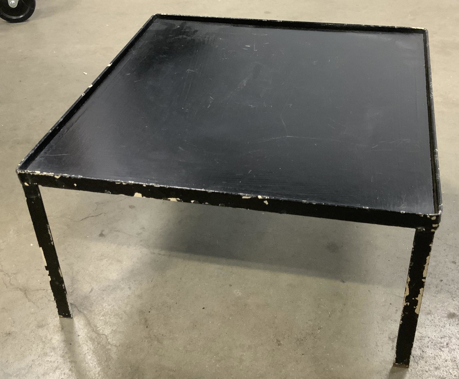 Painted Black Metal & Wood Display Stand: A painted black metal and wood display stand. Frame is metal, removable center appears to be wood with a heavy finish. Square form. Measures approx 8H x 16W in. Losses to paint, some surface wear. Dis