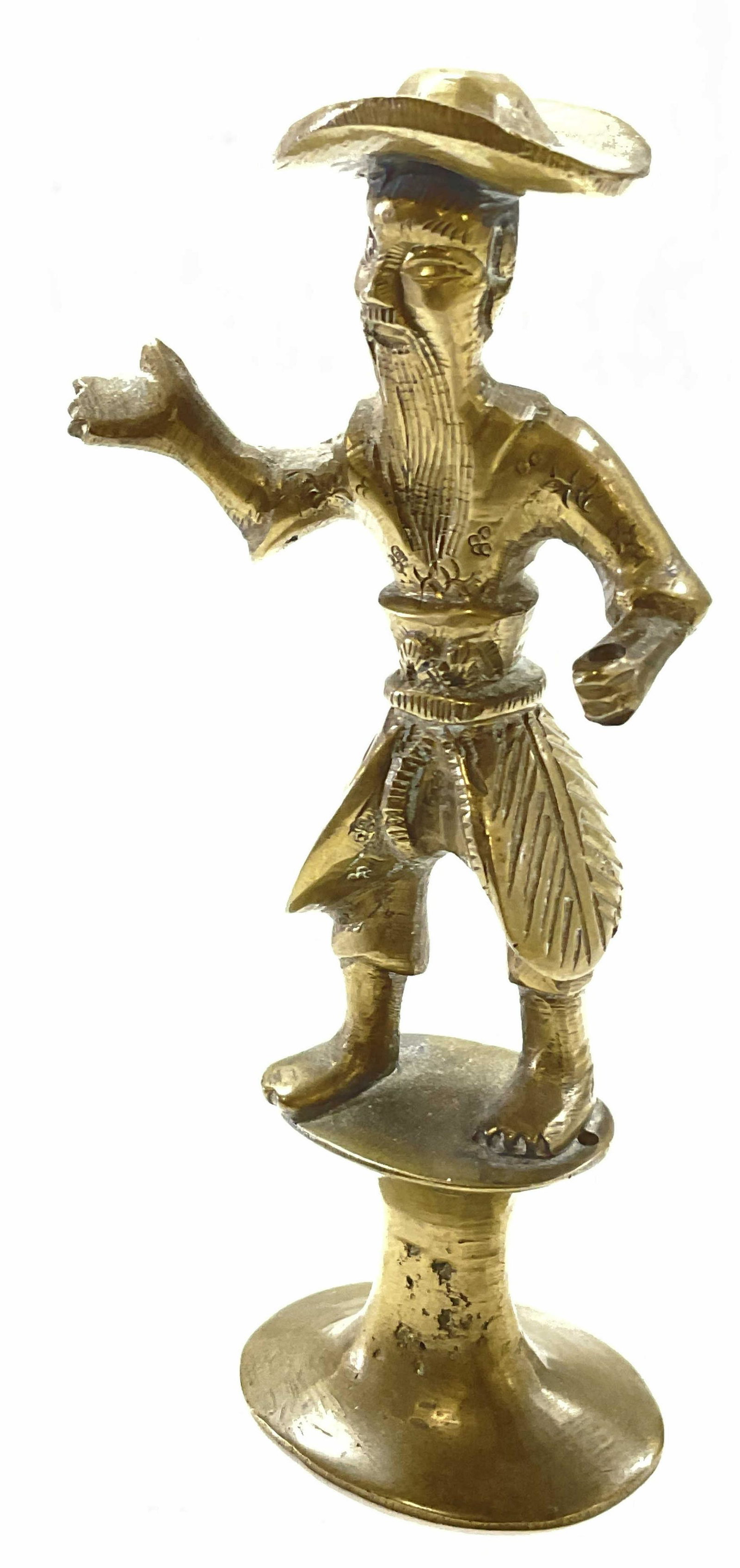 Brass Asian Figural Of Man: Brass Asian Figural Of Man. Measures approx 6 x 2.5 inches. Surface wear to piece consistent with age and use. Small hole in hand could be used to hold something. Maybe an incense holder. 11S Incense 