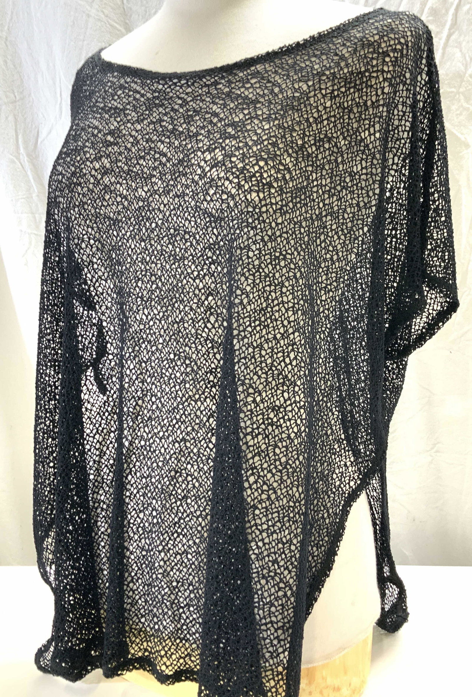 EILEEN FISHER OPENWORK KNIT TOP, SGN: Luxury vintage top by designer Eileen Fisher, Size Small, boxy shape , all black with fishnet cut out style in mid to nylon and spandex. This is perfect for over a swimsuit, tank top, as beach wear ac