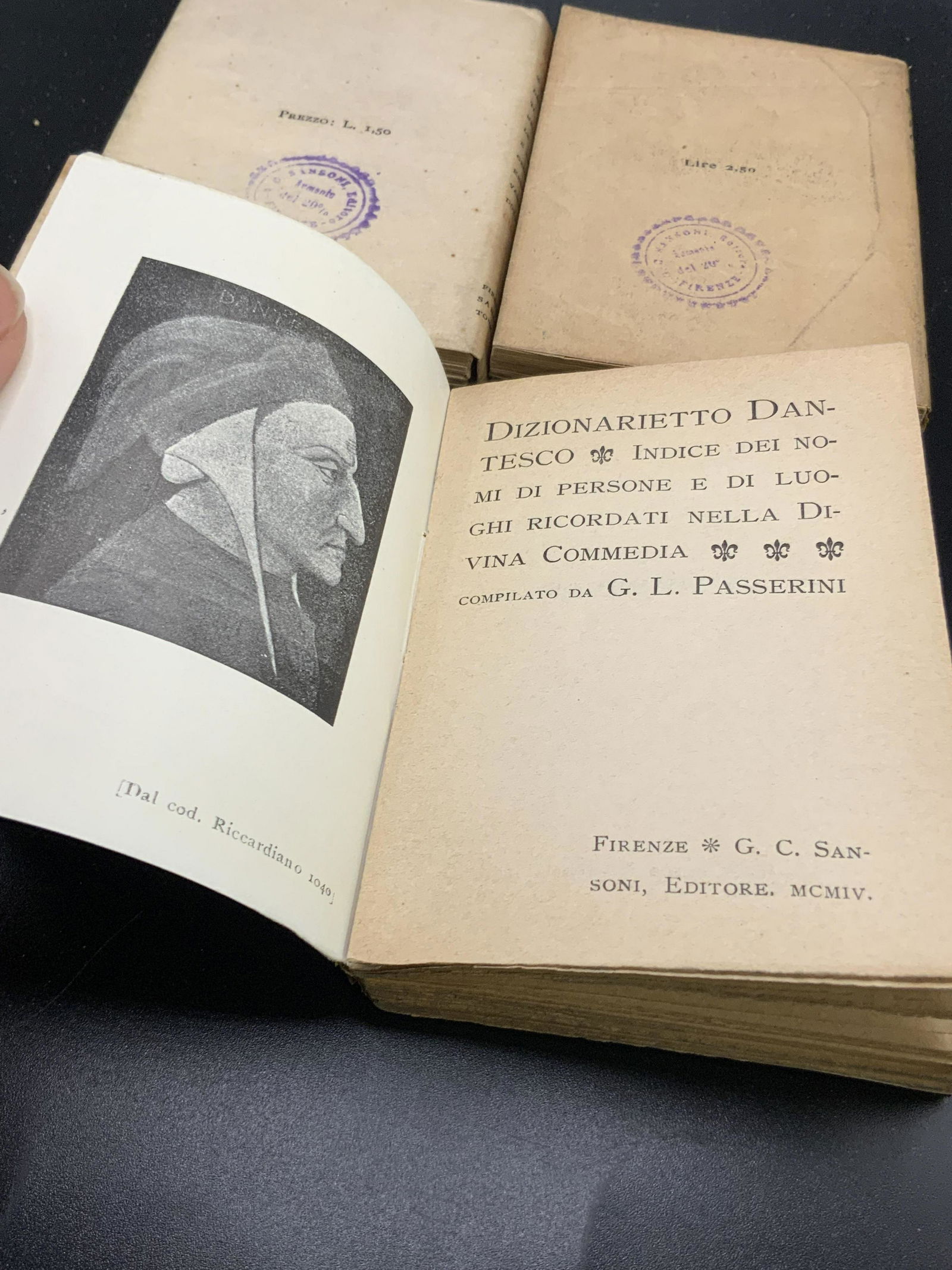 Lot 3 Antique Mini Books, DIVINA COMMEDIA & More: Three miniature books. Appear to be in Italian. Antique, possibly vintage. No publication dates found. Titles include DIVINA COMMEDIA, ROMEO E GIULIETTA, and DIZIONARIETTO DANTESCO. Pieces also read F
