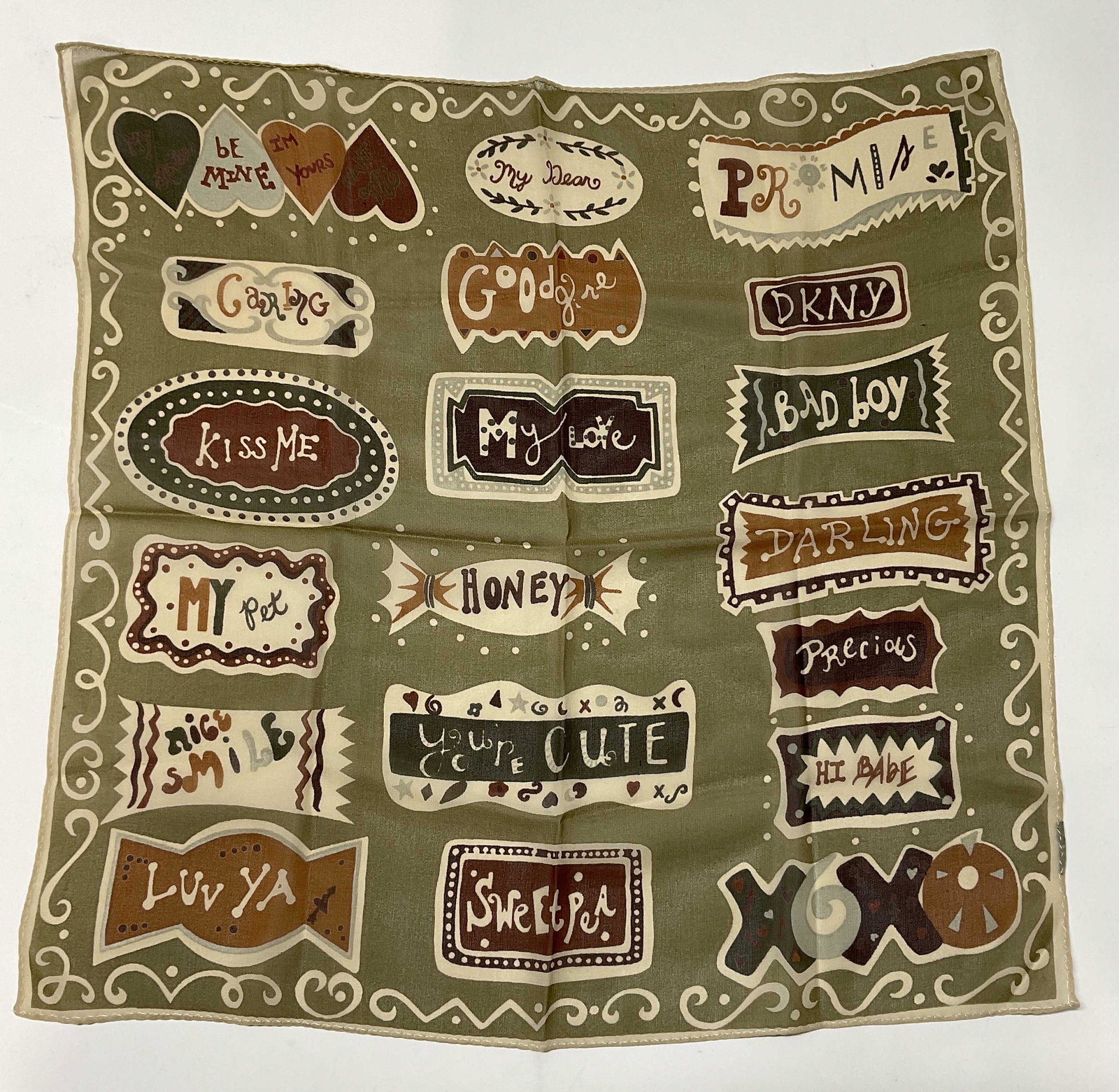 Silk Love Language Handkerchief: Silk Love Language Handkerchief. No material tag to piece, soft hand touch, possibly silk. Measures approx 17 square. Minimal surface wear to piece. 11(scarf bin) Scarf, handkerchief, love language ha