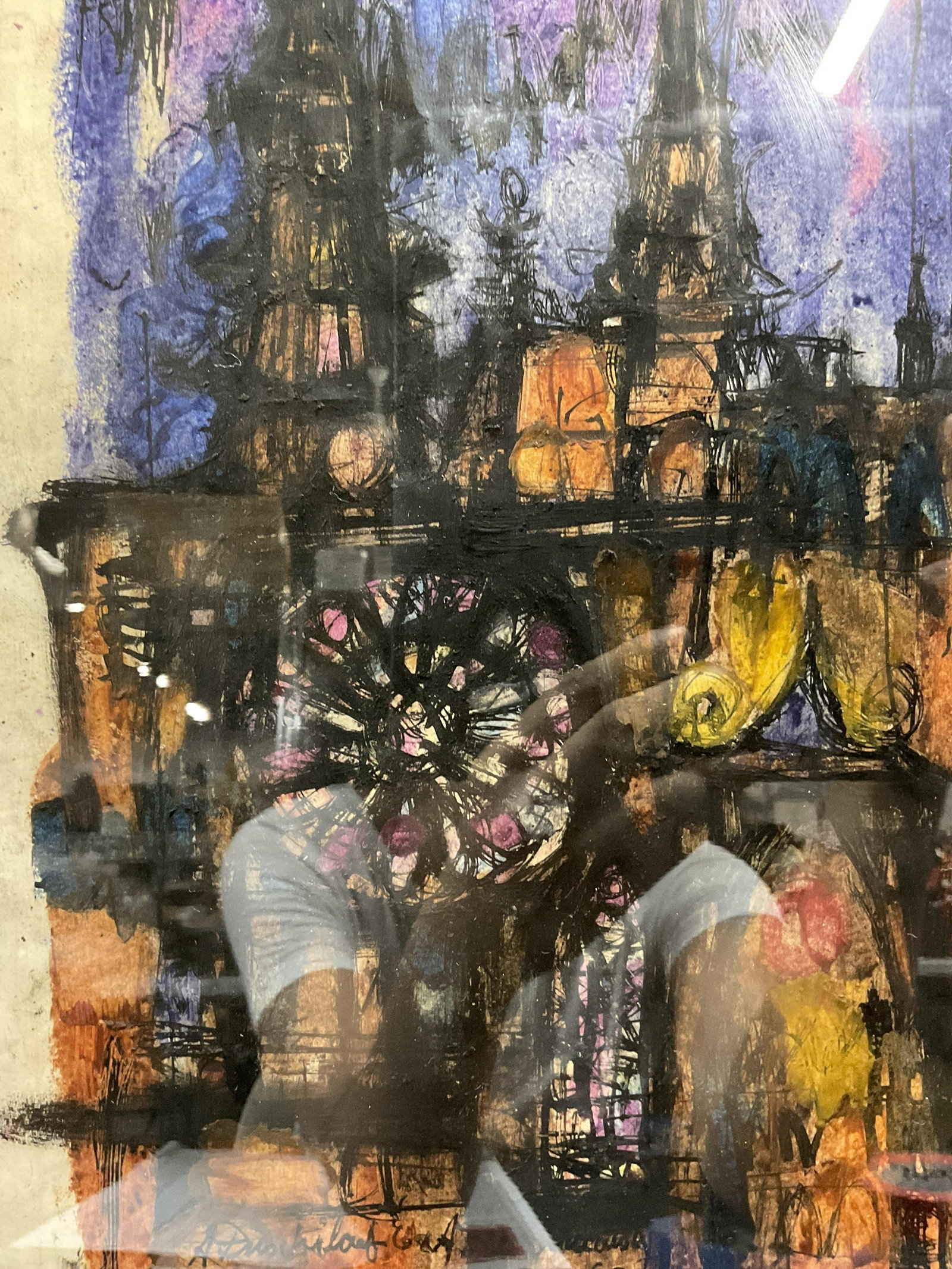 Signed Abstract Mixed Media Painting, Church: Signed Abstract Mixed Media Painting, Church, signature and inscription to lower right illegible, date appears to read ‘60’, subject a view of a gothic church, measures 20 x 14 1/2 inches gilt woo