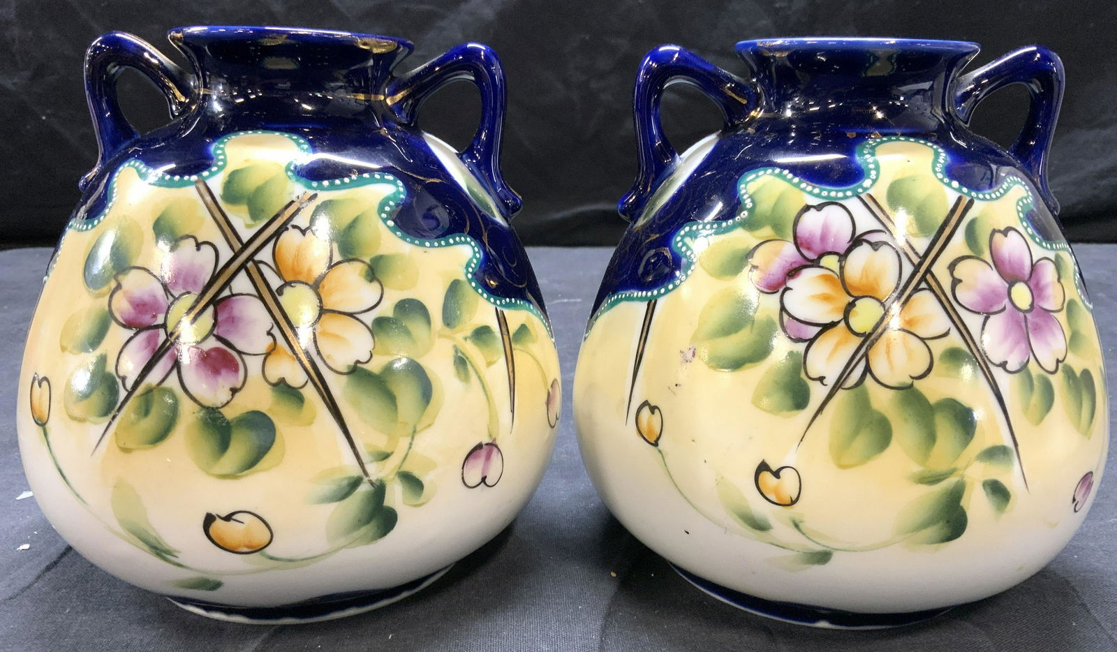 Pair Hand Painted Porcelain Vessels W Handles (1 of 9)