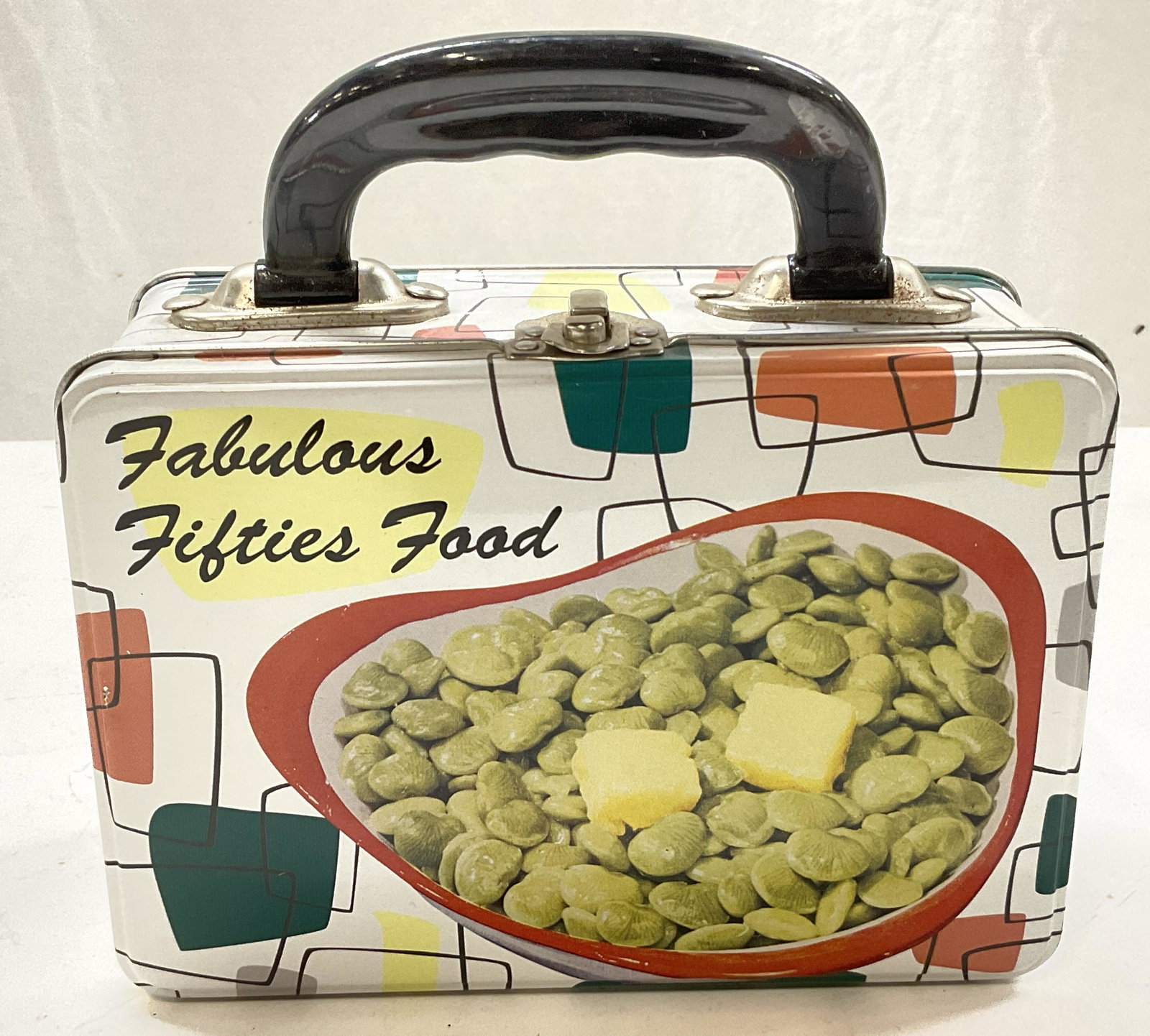 Retro Style Aluminum Lunch Box, Fab 50s Food: Underside marked item #10494 Made in China Exclusively for Accoutrements. With a Seattle address. Then reads copyright 1998 Accoutrements. Www.accoutrements.com Vintage Aluminum Lunch Box, Fab 50s Foo
