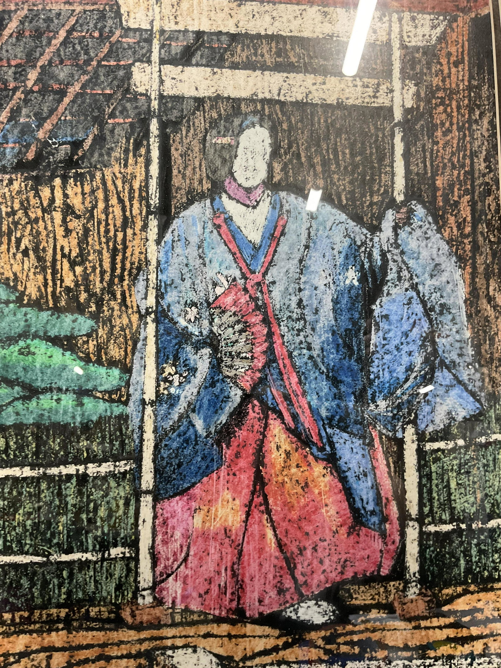 NAMI Lithograph of a Robed Woman: NAMI Lithograph of a Robed Woman, inscription to lower left reads ‘Nami’, label to reverse reads ‘Nature Seen Gallery’, subject a woman walking through a gate, measures 24 5/8 x 19 inches, bla