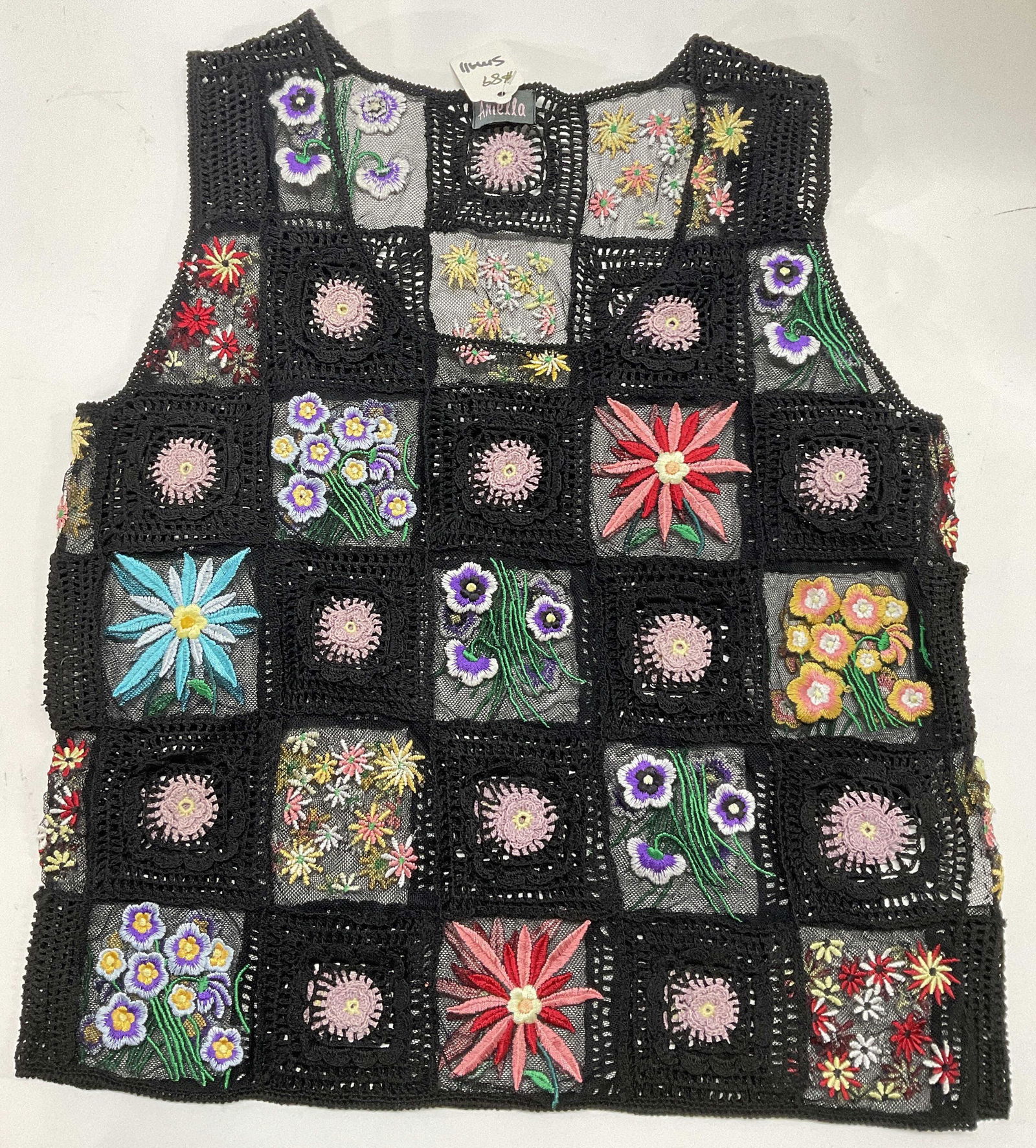 ARIELLA Floral Crochet & Embroidered Sheer Top: Material tag reads 100% cotton, reads size small. Torso measures approx 13 x 16W inches. No sleeves to piece. No apparent surface wear to piece. 11(Clothing rack) Embroidered top, sheer top, floral de