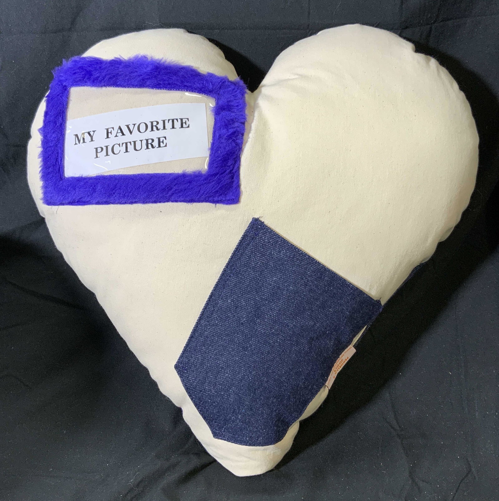 VintagebHeart Shaped Demin Drawing Pillow: A vintage heart shaped fabric pillow with denim to back, denim pocket, slip pocket with clear window for pictures. In good condition. Measures approx. 17 x 16 inches. Pillow, throw pillow, drawing pil