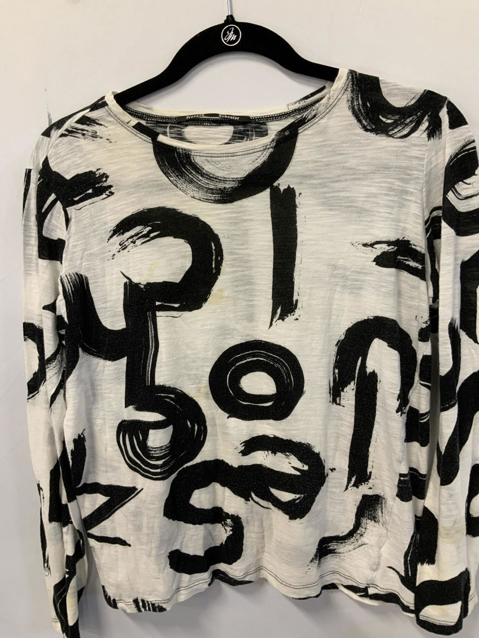 Proenza Schouler Abstract Cotton Shirt: Black and white cotton long sleeve shirt with scoop neck. Fits size medium. Needs washing, yellow spotting consistent with use and exposure. Label reads Proenza Shouler. Property of Manhattan, NY esta