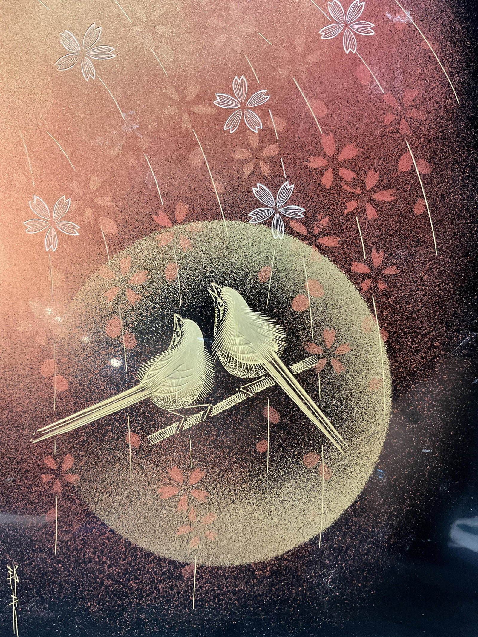 Signed Lacquer Panel Artwork of Birds: Signed Lacquer Panel Artwork of Birds, signature to lower left illegible, subject two carved birds with spray painted flowers, measures 9 1/2 x 7 1/8 inches, surface wear and losses to piece, not fram