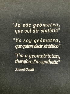 Geometry Tee Shirt w Antoni Gaudi Quote, XL,Spain: Vintage cotton tee shirt in black with mapped geometry design to the front and quote by famous Catalonia Artist and Architect Antonin Gaudi . Written in 3 languages- Catalan, Spanish , and English . Q