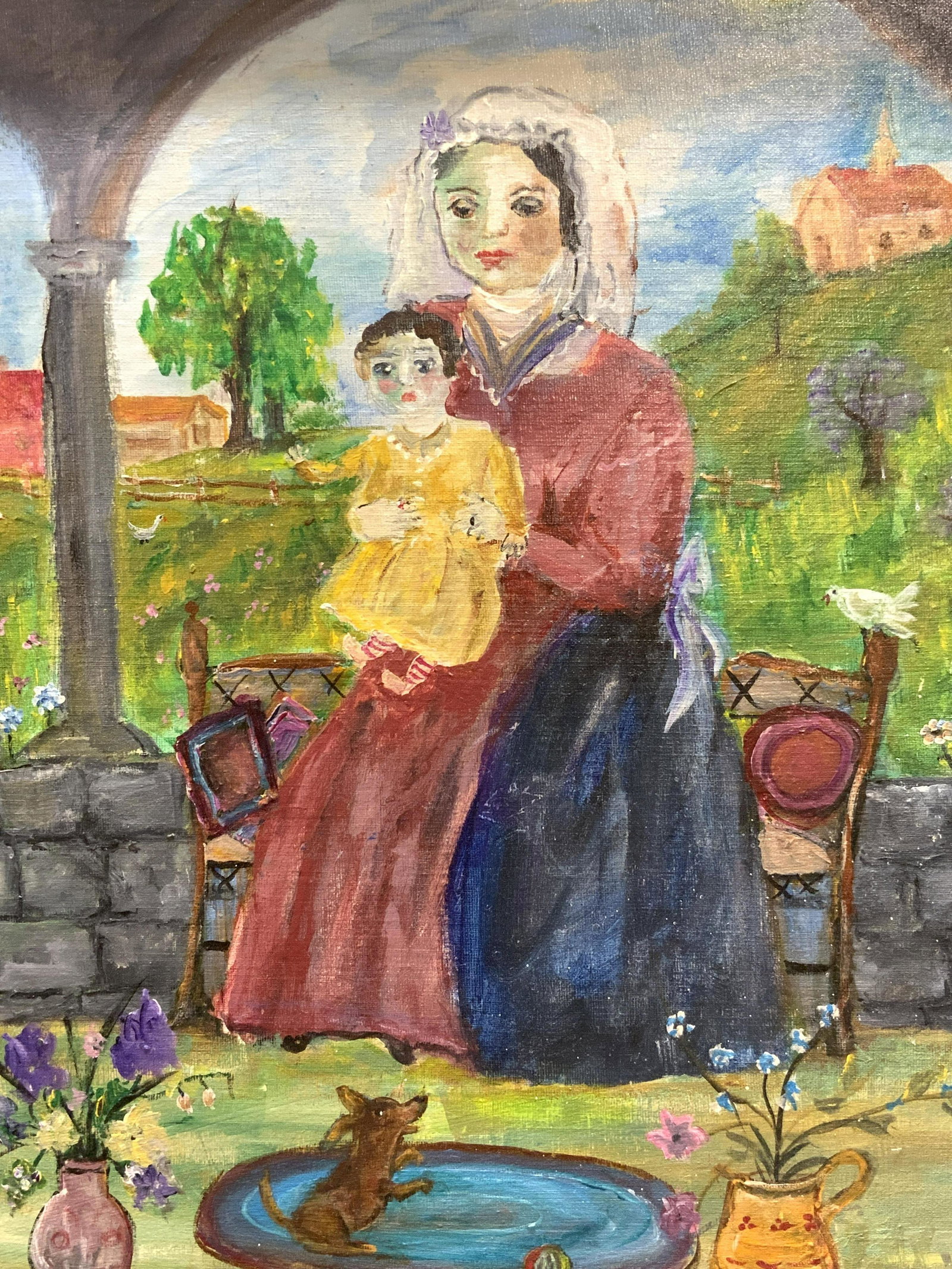 Naive Impressionist Portrait Oil Painting: Naive Impressionist Portrait Oil Painting, oil on board, no apparent inscriptions, subject shows a veiled woman holding a baby on her lap with a pastoral background and a puppy in the foreground, in f