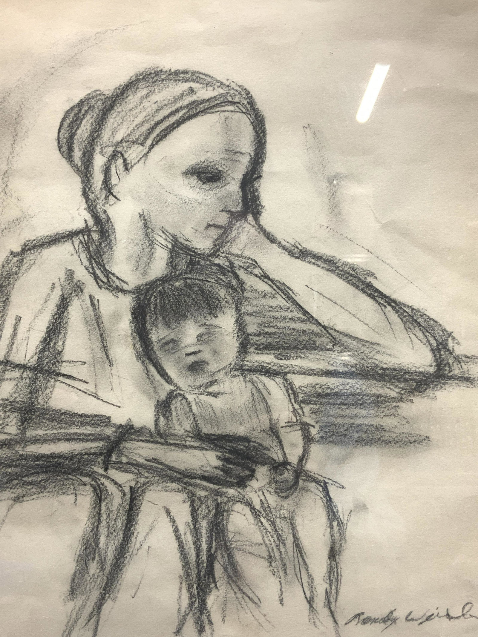Signed Charcoal Portrait of Woman And Child: Signed Charcoal Portrait of Woman And Child, signed illegibly in lower right, subject shows a woman with a small child on her lap, in frame measures approx 18 3/4 x 15 1/2 in., black toned wood frame,