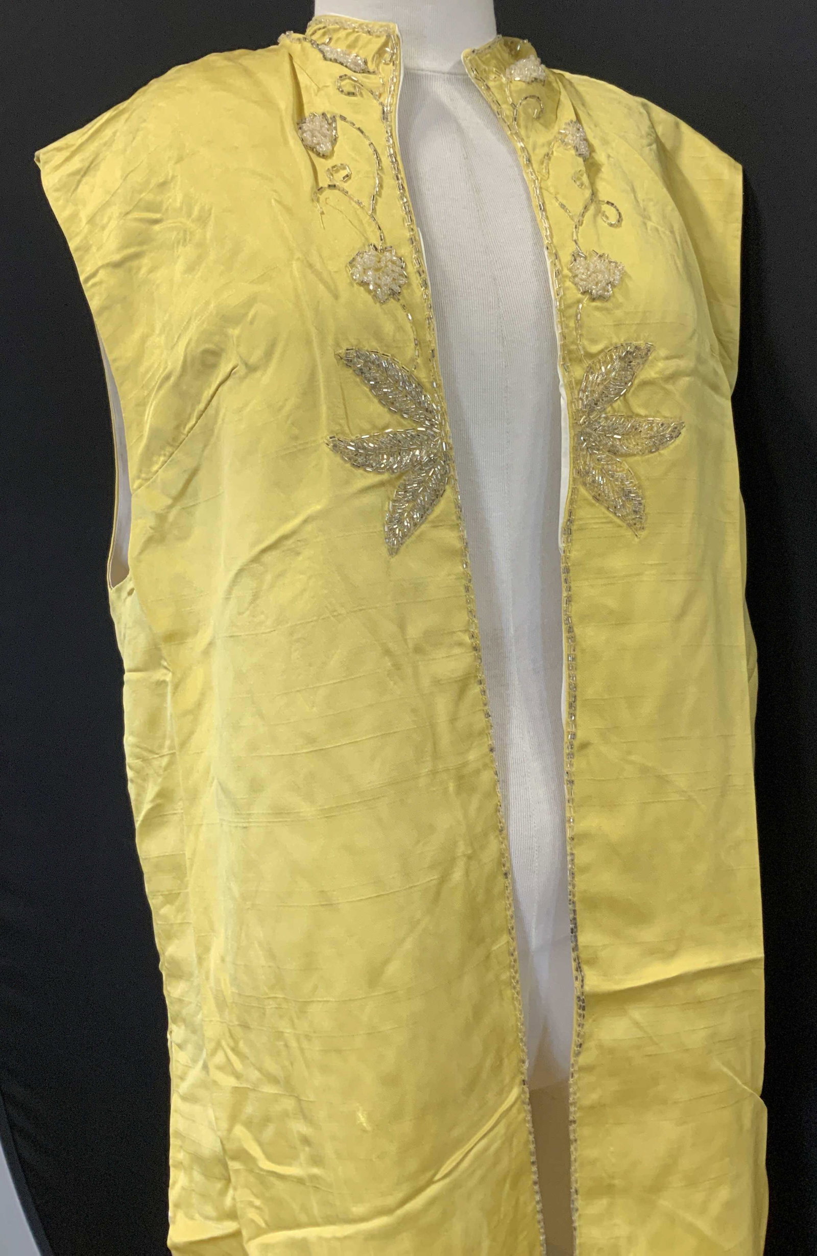 Custom Made Beaded Silk Asian Style Robe /Caftan: Hand beaded sunflower yellow Asian style robe, possibly silk, lined. Ankle length with side slits. Fabric in good vintage condition, some beading lost, consistent with age , use and exposure . 49 in. 