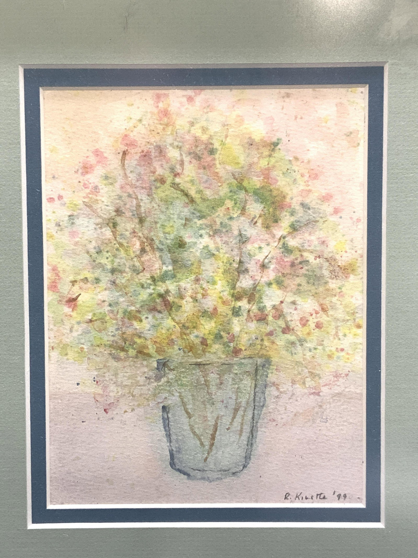 Signed Watercolor Impressionist Still Life: Signed Watercolor Impressionist Still Life, signed ‘R. Kiastte ‘99’, subject shows a vase with a bouquet of flowers, in frame measures approx 11 3/4 x 10 1/4 in., gold and blue toned wood frame,