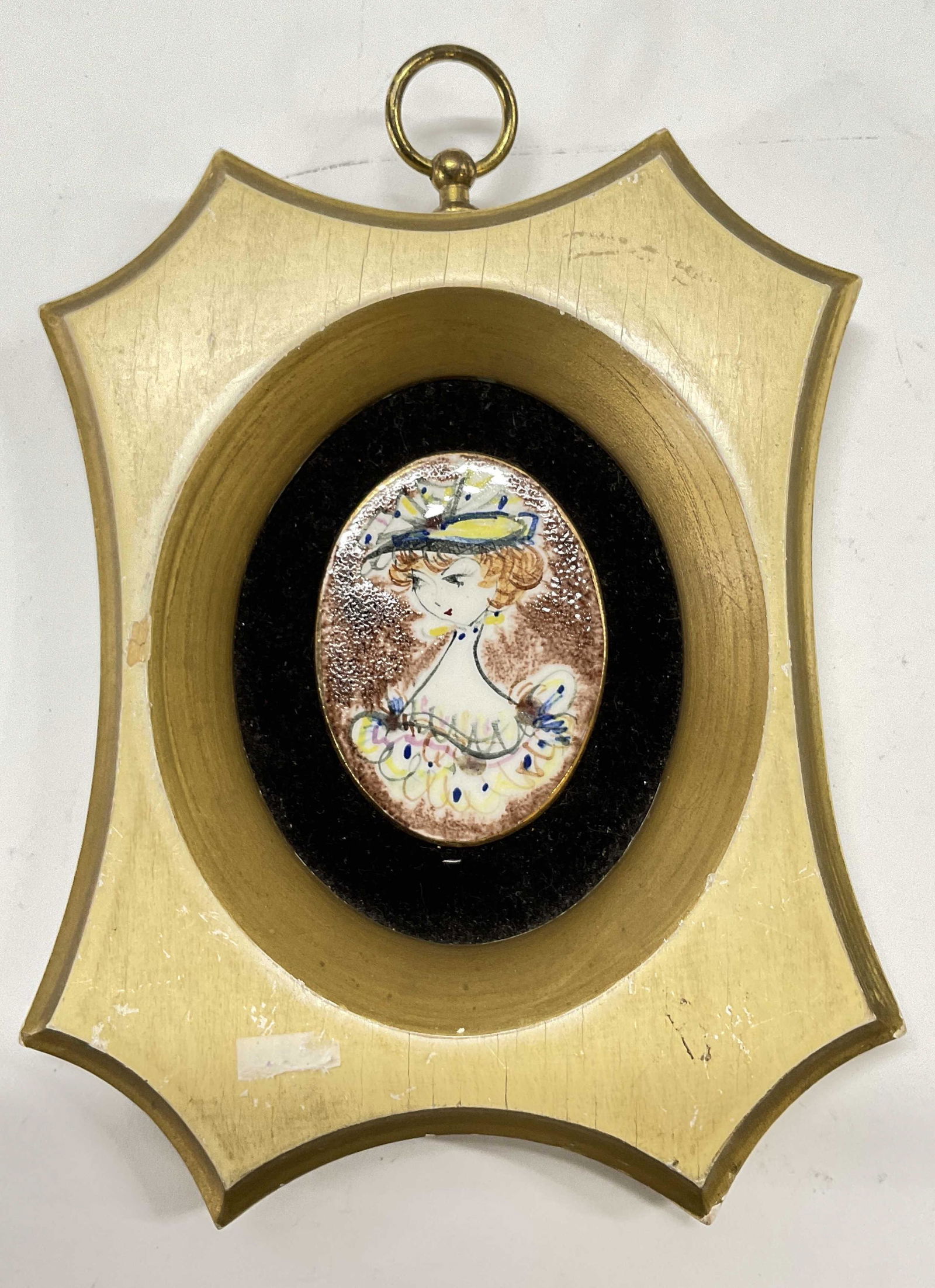 Mini Vntg Framed Hand Painted Ceramic Oval Tile (1 of 5)