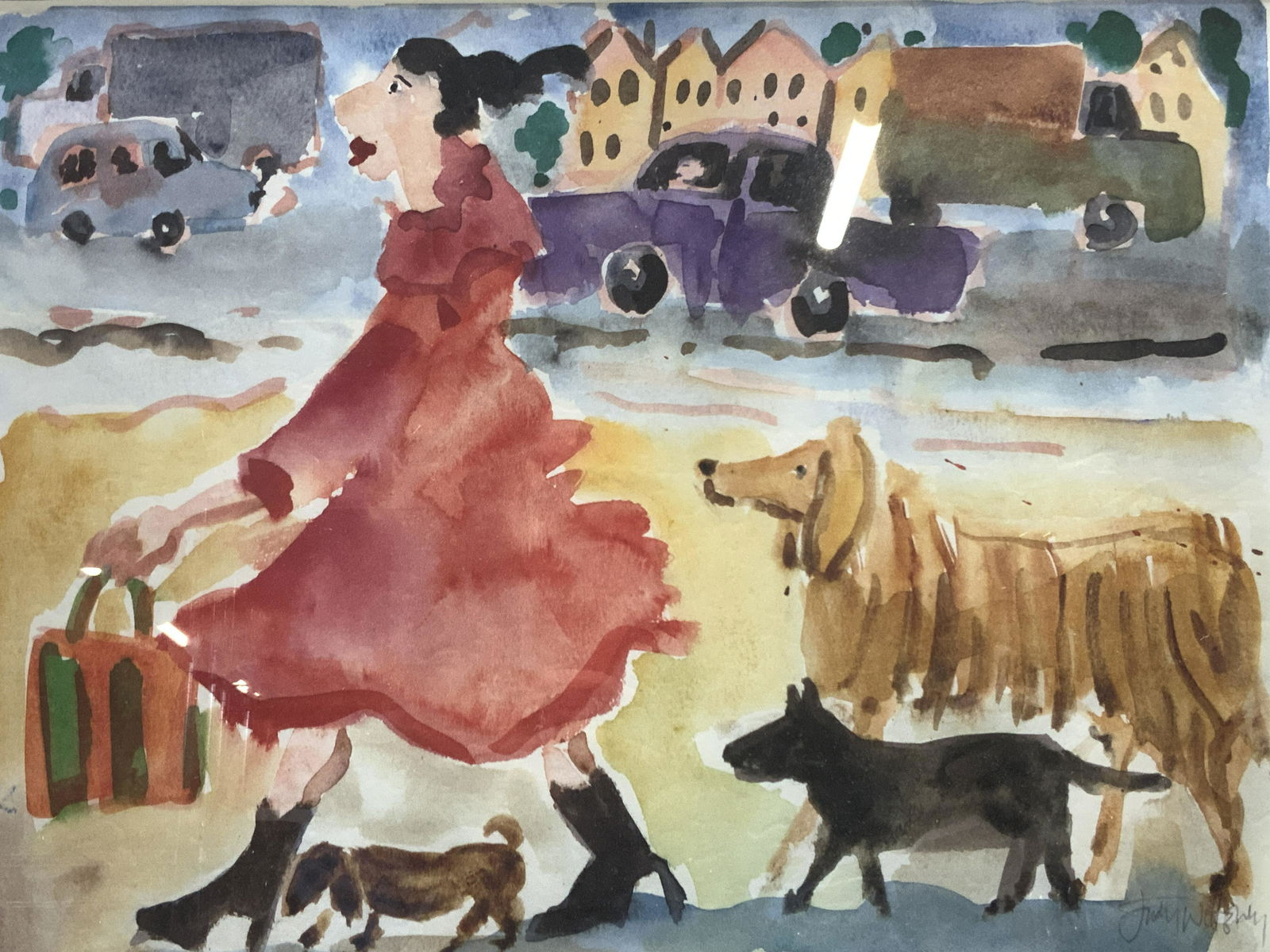 Woman With Dogs Watercolor Lithograph (1 of 4)