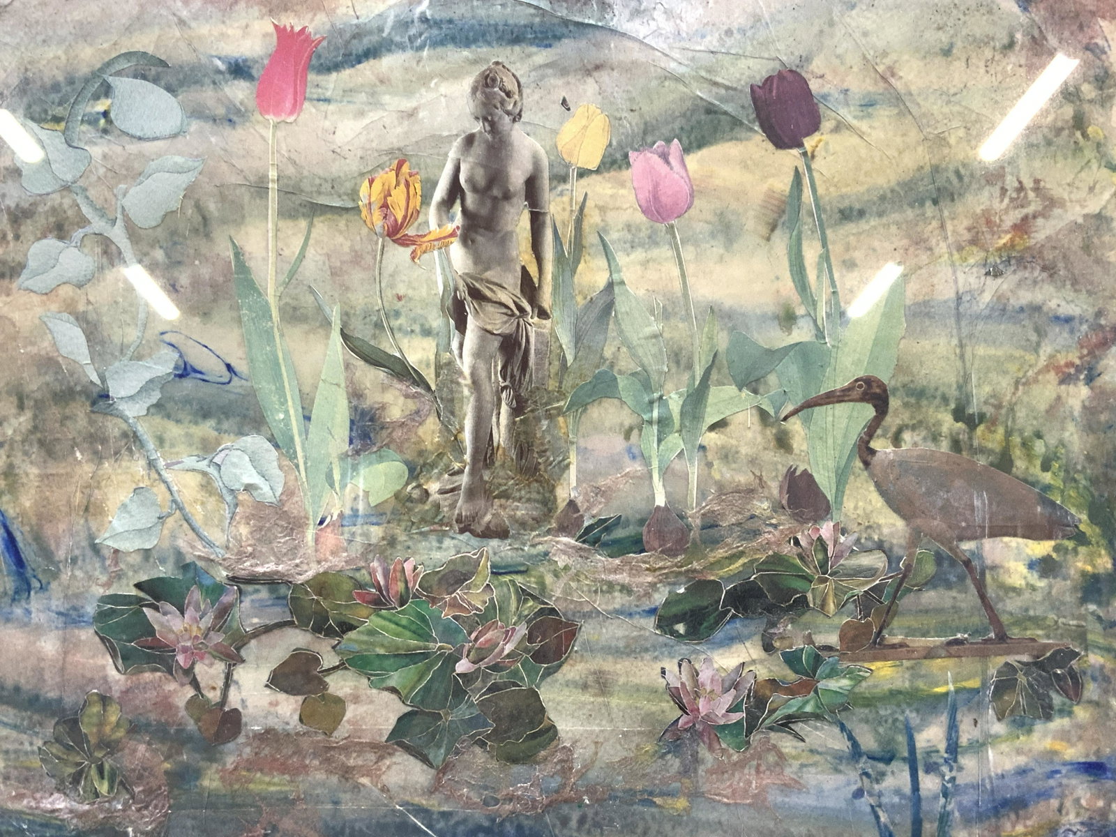 Elizabeth Mueller Mixed Media Watercolor Collage: Signed on lower left corner, and verso, Elizabeth Mueller, subject depicts a mixed media water collage of magazine cut outs of nude female classical figures, flowers, leaves and a crane amongst a wate