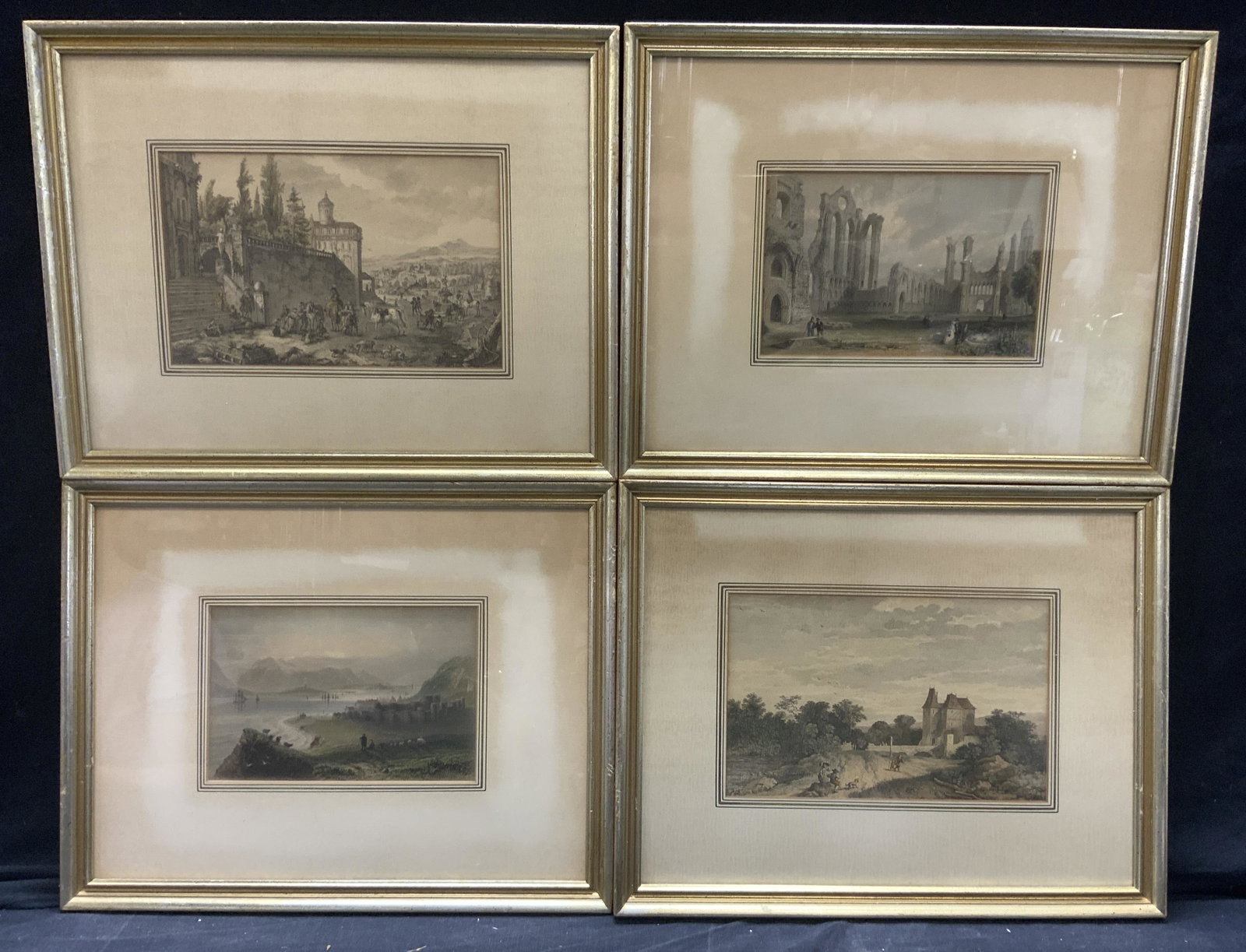 Lot of 4 Colored Romantic Engravings, FR: Lot of 4 Colored Romantic Engravings, France, no apparent signatures, some versos inscribed in French, subject 1/4 shows an antiquated city with figures, horses, and dogs throughout, subject 2/4 shows