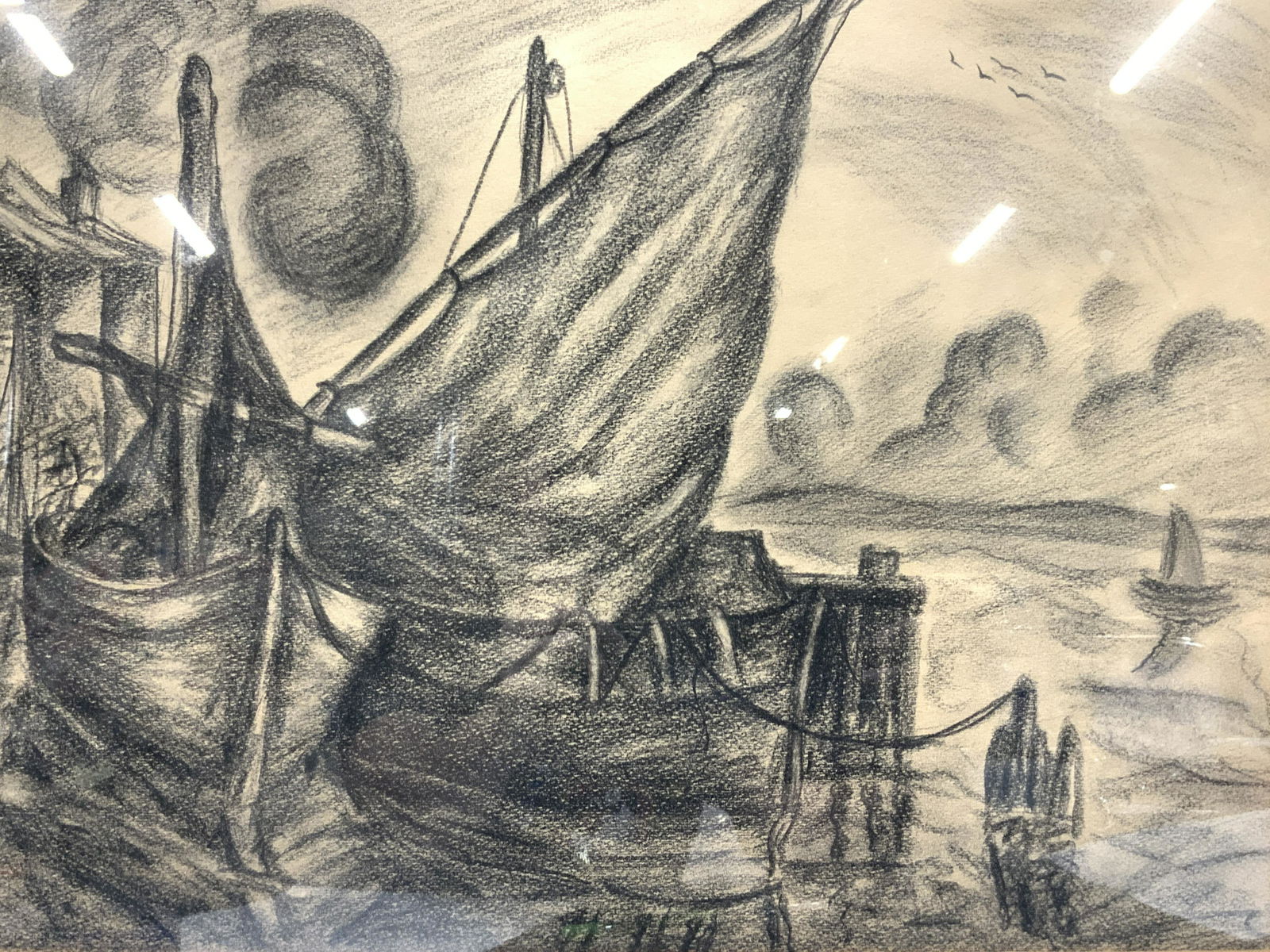 Framed Sail Boat Charcoal Drawing (1 of 6)