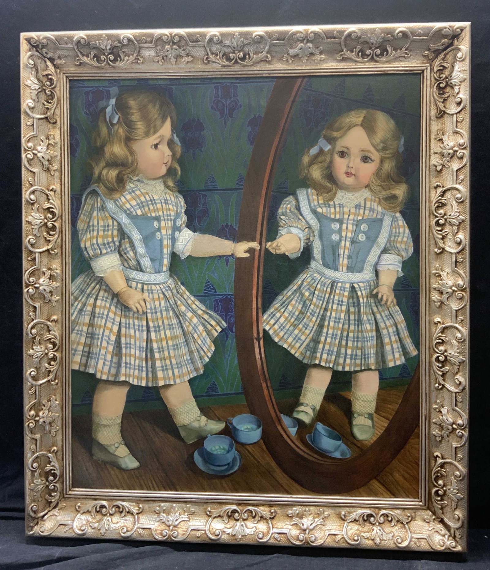 DOROTHY LEVI Doll & Mirror Oil Painting On Canvas: DOROTHY LEVI Doll & Mirror Oil Painting On Canvas, signed ‘Levi’ in lower right, subject shows a a doll posed in front of a mirror with her reflected image, in frame measures approx 28 x 24 in., o