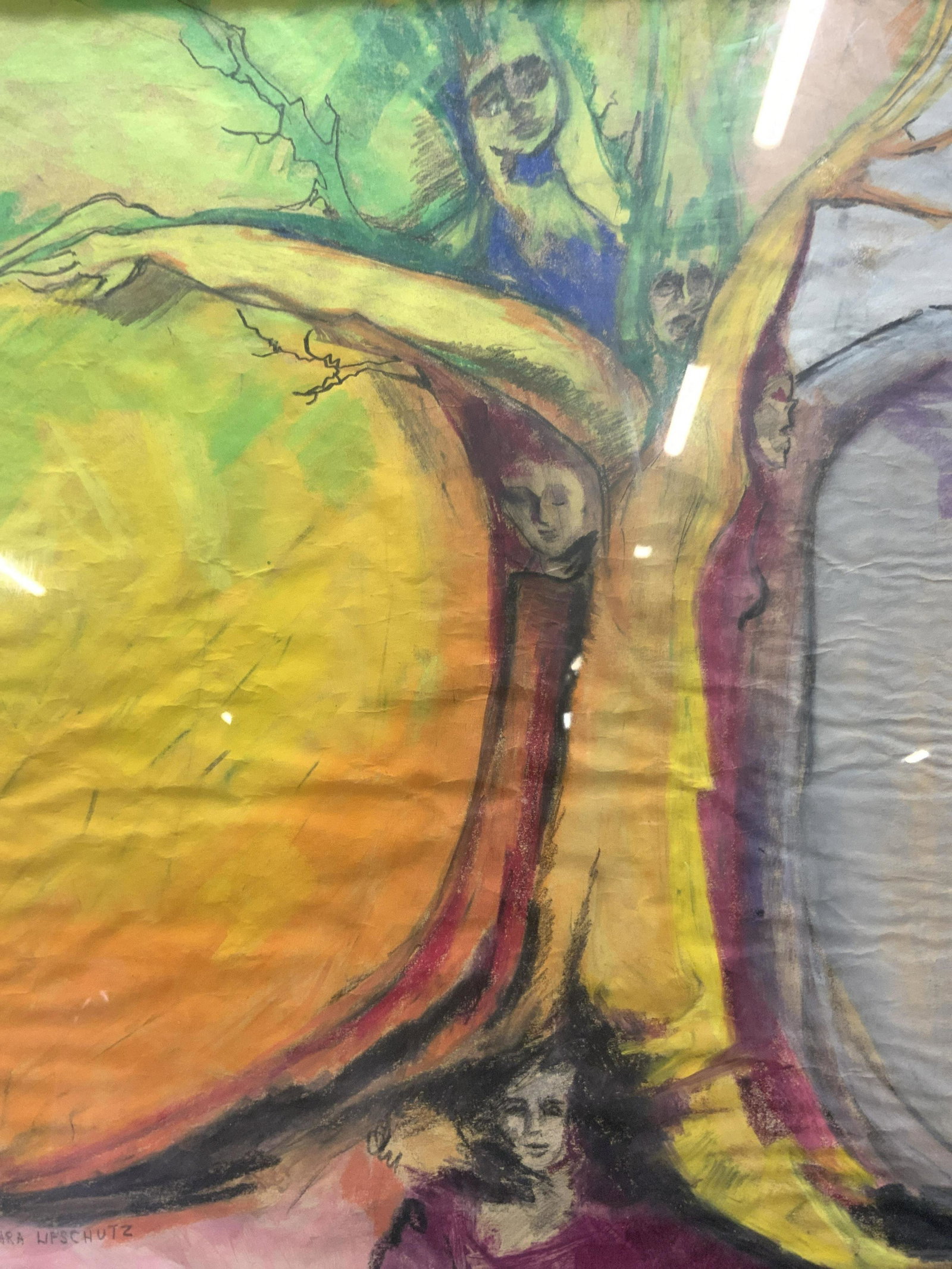 BARBARA LIFSCHUTZ Surreal Oil Pastel Art: BARBARA LIFSCHUTZ Surreal Oil Pastel Art, signed ‘Barbara Lifschutz’ in lower left, subject shows a Fauvist tree with faces, in frame measures approx 24 1/2 x 20 in., black toned wood frame, surfa