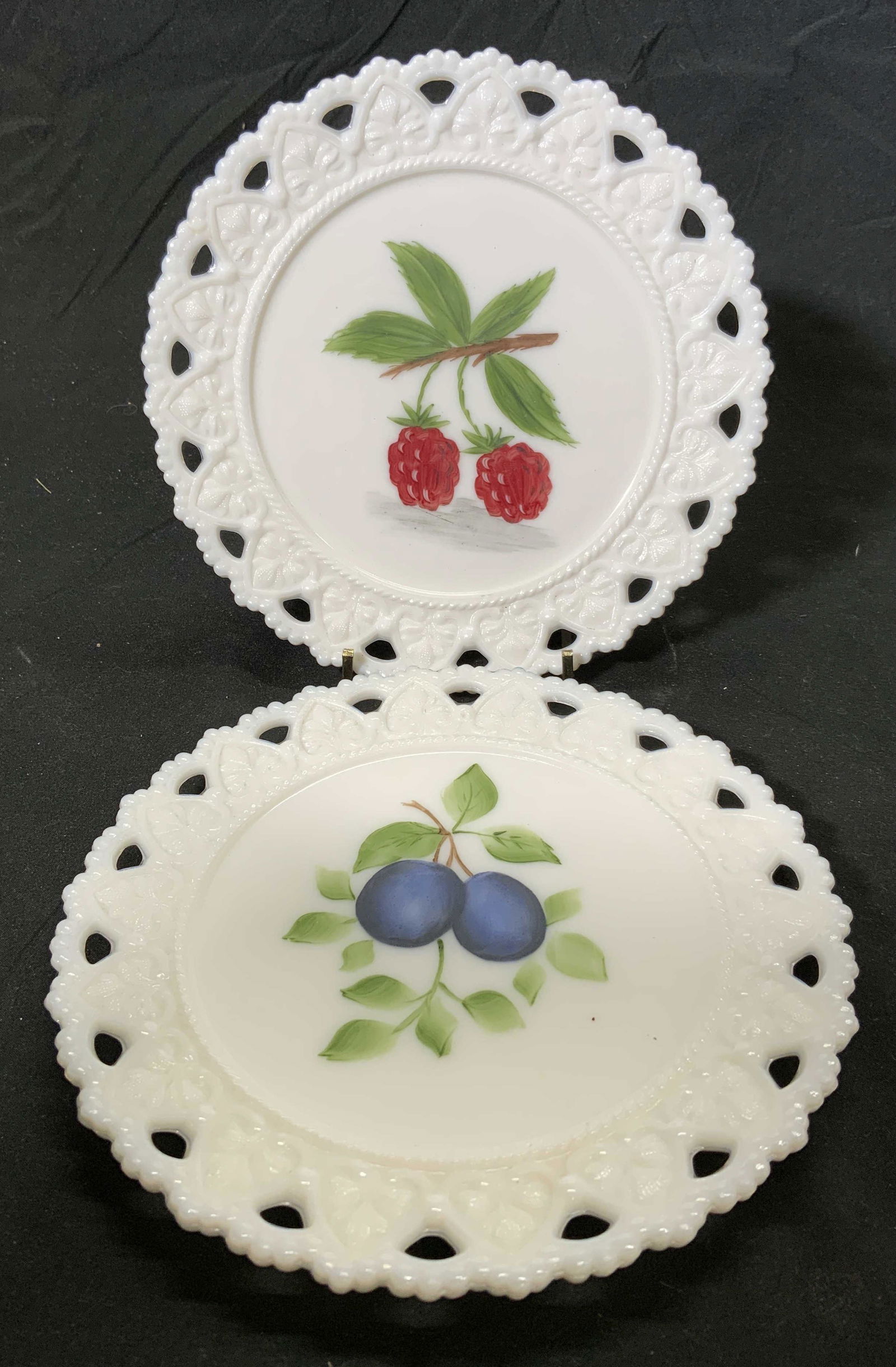 Pair Vintage Hand Painted Milk Glass Fruit Plates (1 of 5)