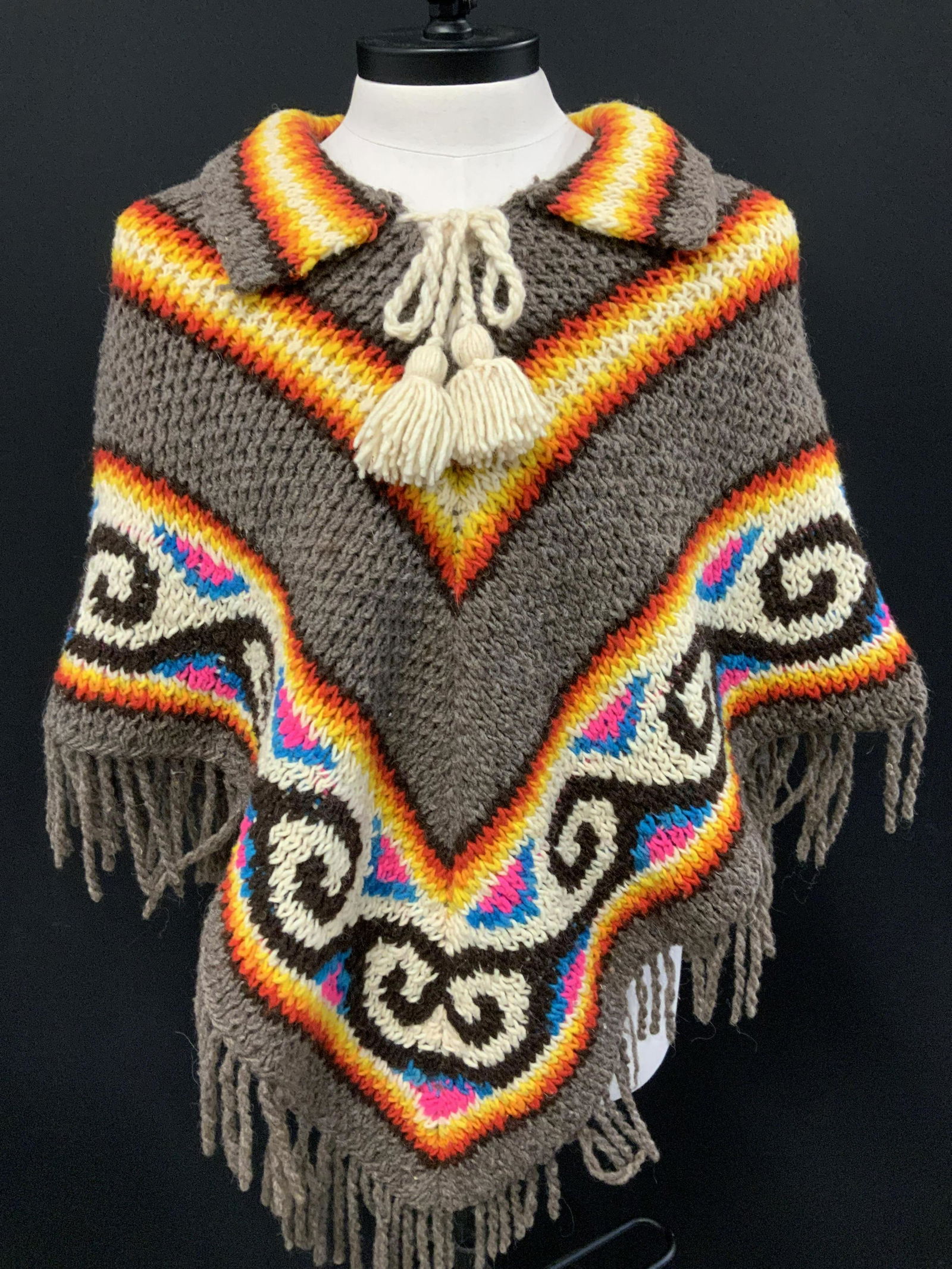 Hand Knit Vintage Wool Poncho w Tassels (1 of 6)
