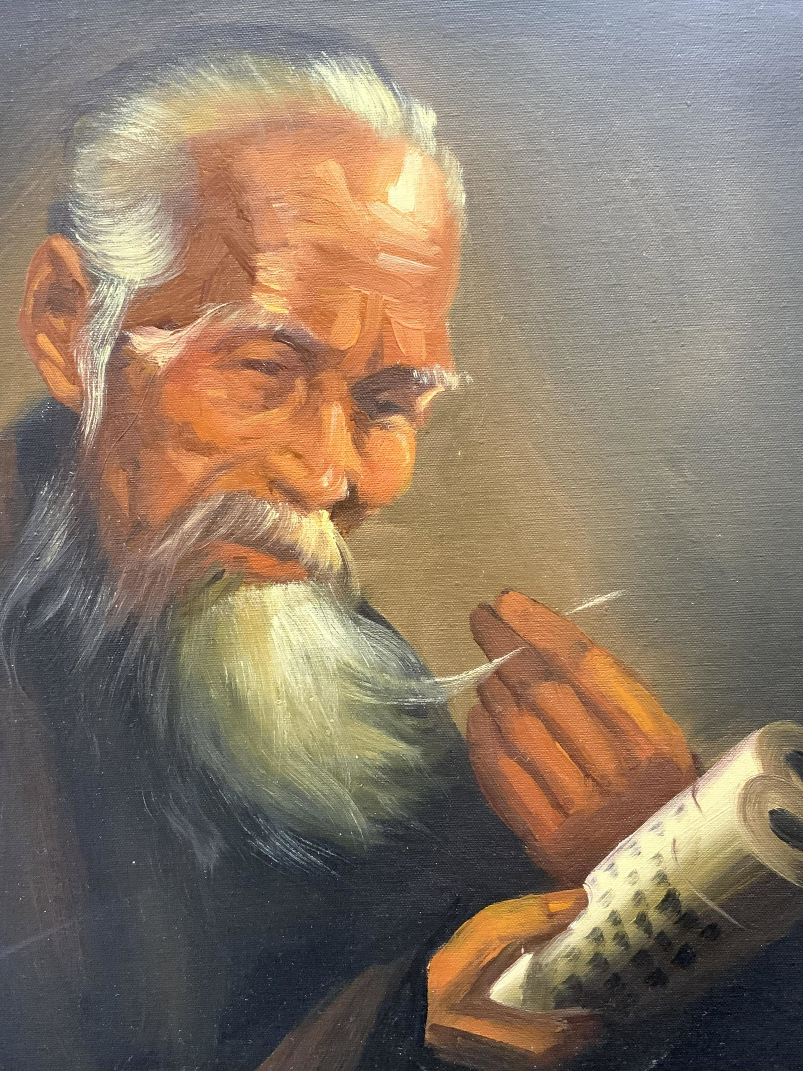 Oiul Painting Portrait of A Man With Scroll: Portrait of A Man With Scroll, oil on canvas, no apparent inscriptions, subject shows white haired man stroking his beard with one hand holding a scroll in the other. In frame measures approx 17 x 13 