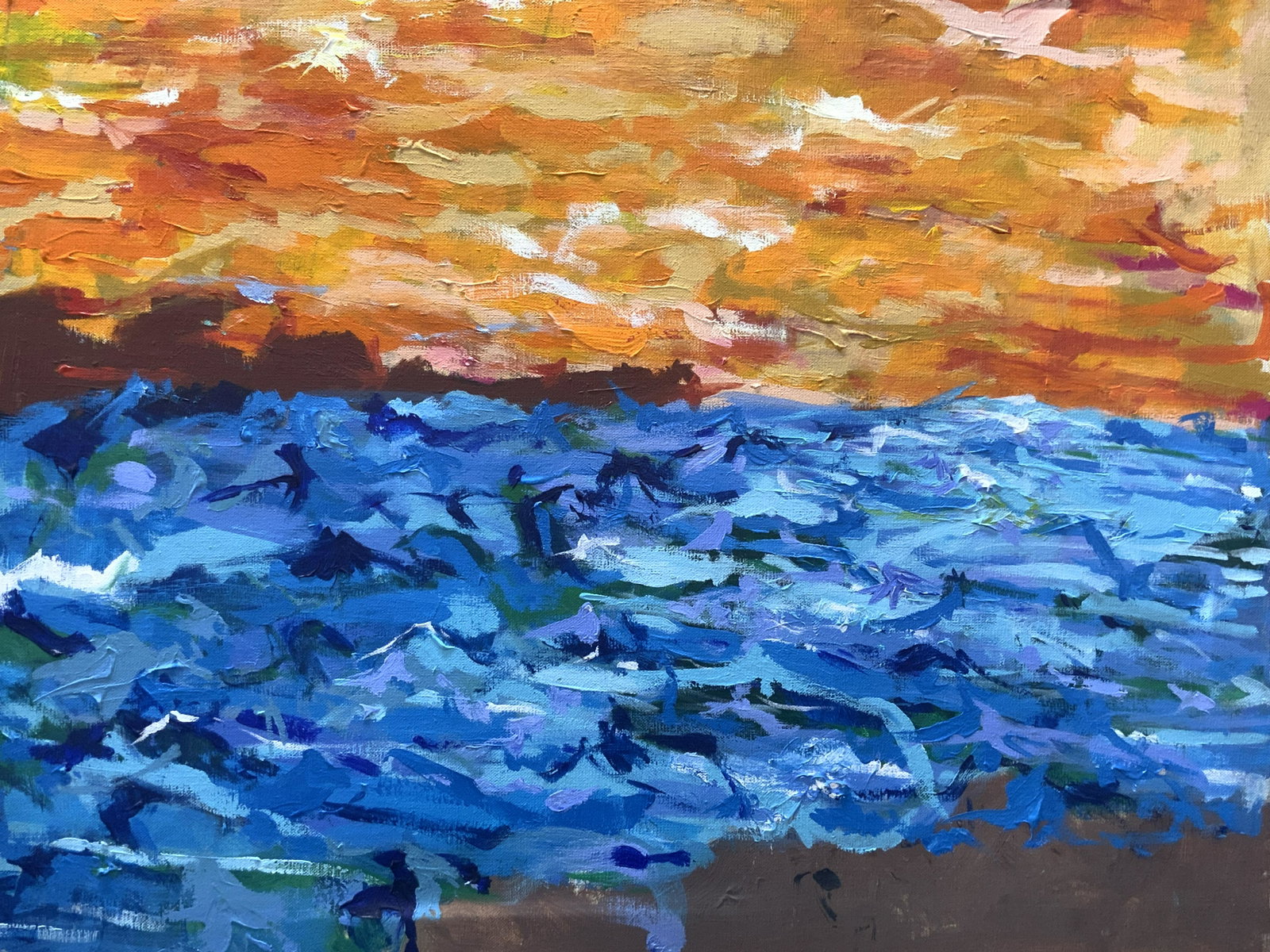 Impressionist Oil Painting: Impressionist Oil Painting, no apparent inscriptions, subject shows Fauvist impression of a sunset at the beach, no frame, minor surface wear, measures approx 24 x 30 in. Impressionist oil painting, o