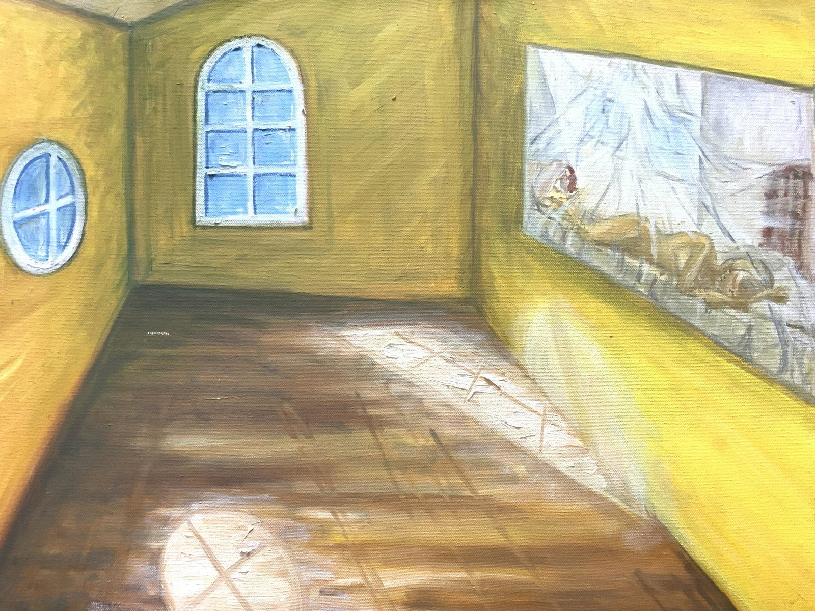 Signed Kate Merryman Interior Perspective Painting: Interior Perspective Painting, acrylic on canvas, verso signed ‘Kate Merryman’, subject shows two walls with windows and a wall with a painting of a reclined female nude, no frame, minor surface w