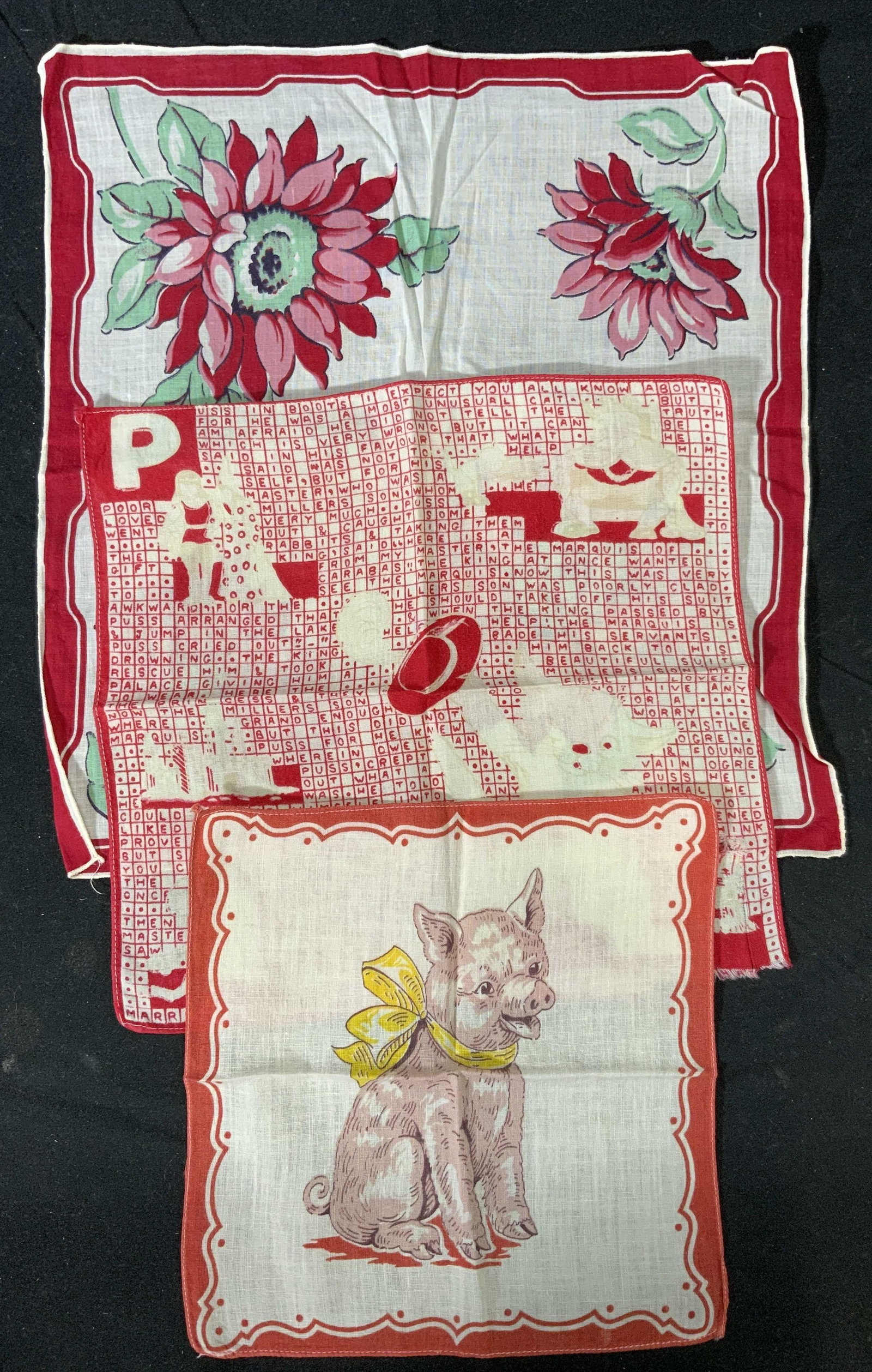 Lot 3 Vintage Hankies, Floral, Pig, Puss in Boots (1 of 5)