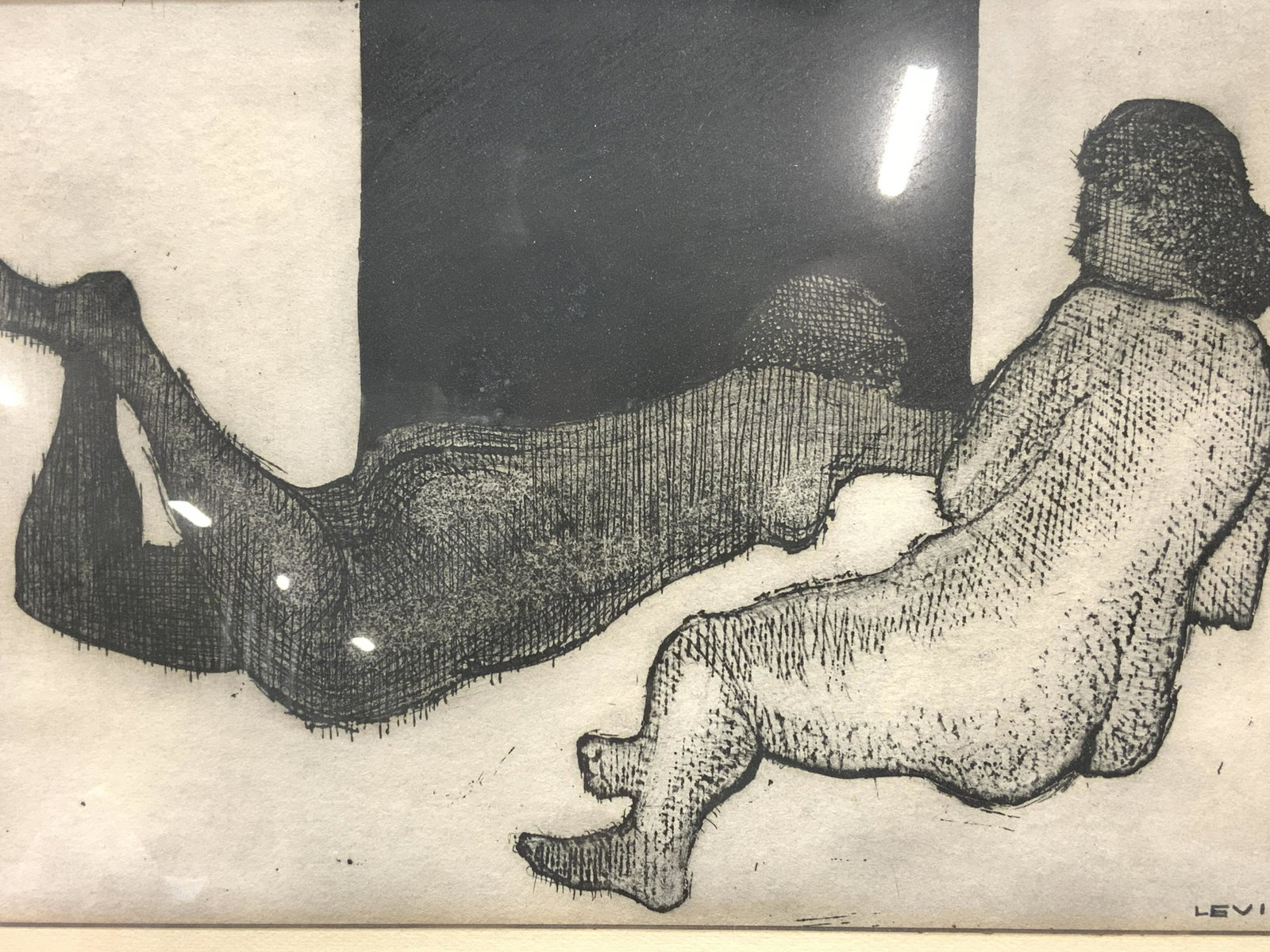 DOROTHY LEVI Reclined Female Nude Etching: DOROTHY LEVI Reclined Female Nude Etching, signed ‘Levi’ in lower right, subject shows two reclined female nude figures with backs to viewers, in frame measures approx 13 x 16 in., silver toned wo