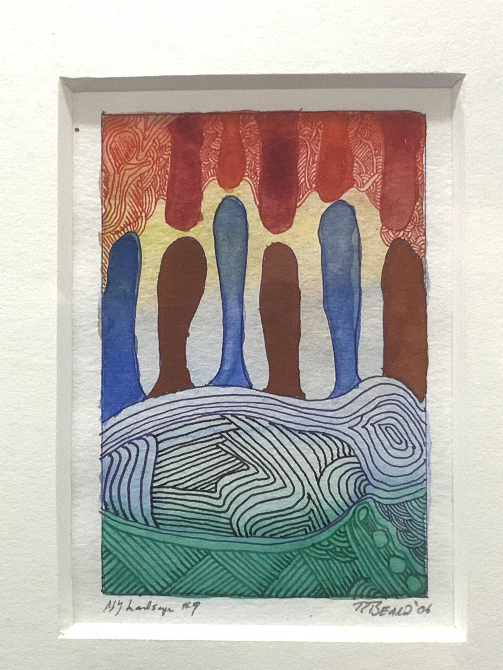 Signed Surreal Mixed Media Landscape: Signed Surreal Mixed Media Landscape, inscribed ‘My Landscape #9’ in lower left and signed ‘R. Beard ‘06’ in lower right, subject shows colorful surreal landscape, in frame measures approx 1